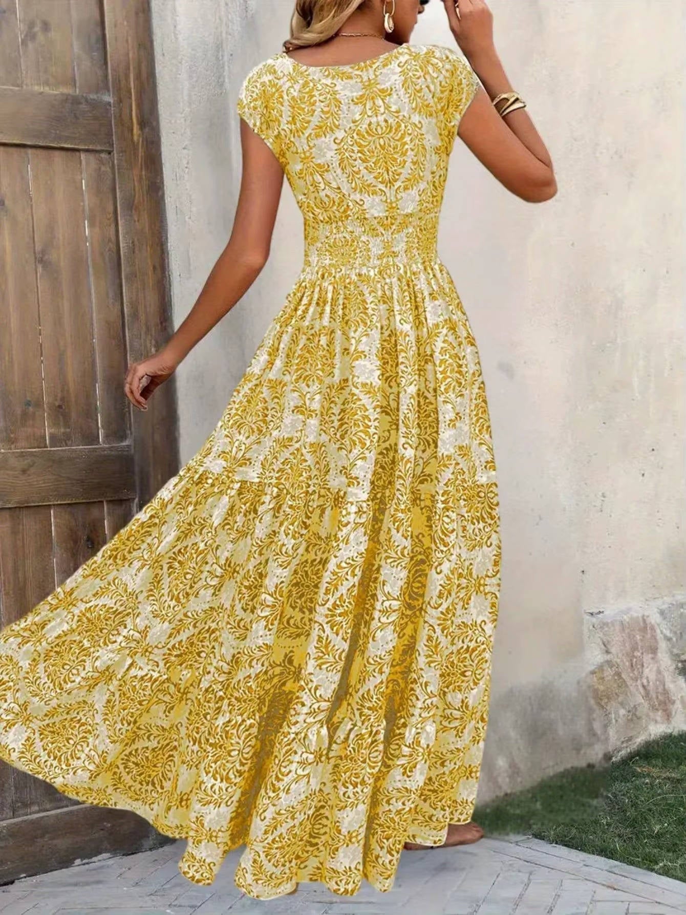 Selena – Boho Print Smocked Tiered Maxi Dress