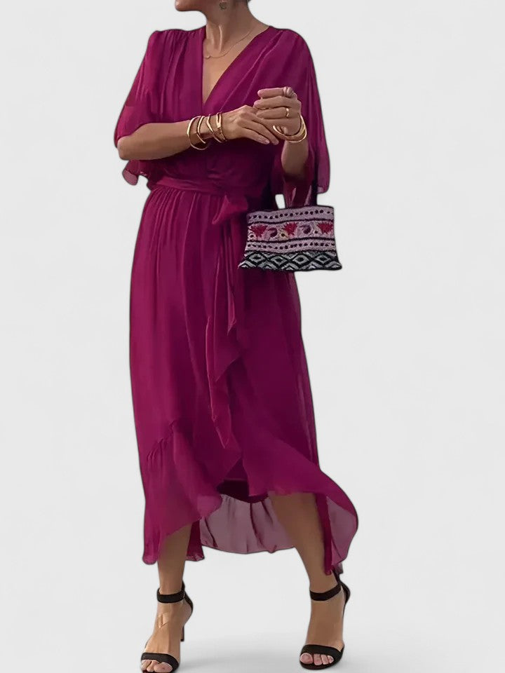 Vivian – V Neck Batwing Sleeve Flowy Maxi Dress