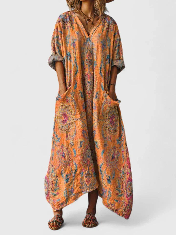 Adalynn – Boho Print Kimono Sleeve Kaftan Maxi Dress