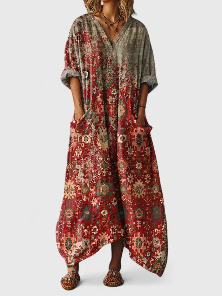 Adalynn – Boho Print Kimono Sleeve Kaftan Maxi Dress