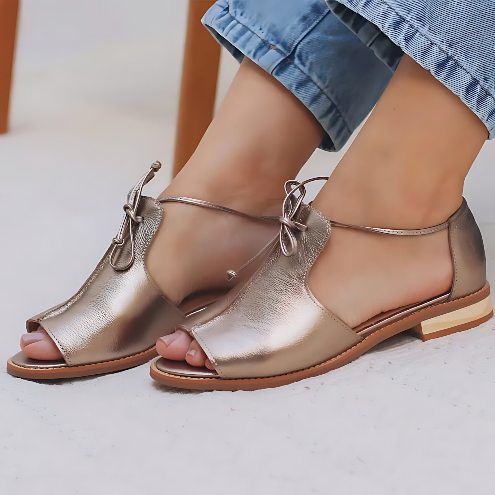 Edith – Metallic Bow Slingback Flat Sandals