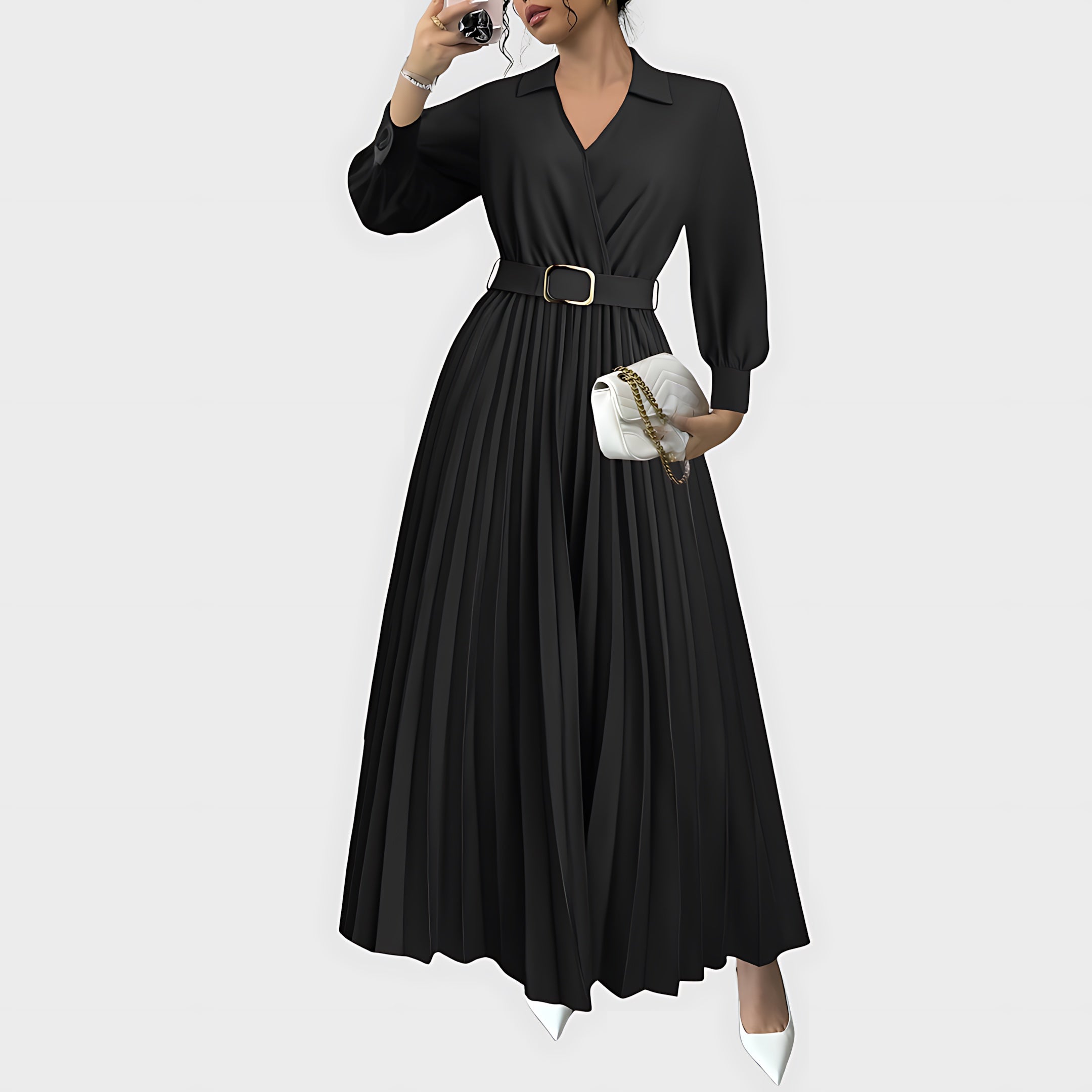Edith – Pleated Long Sleeve Maxi Shirt Dress