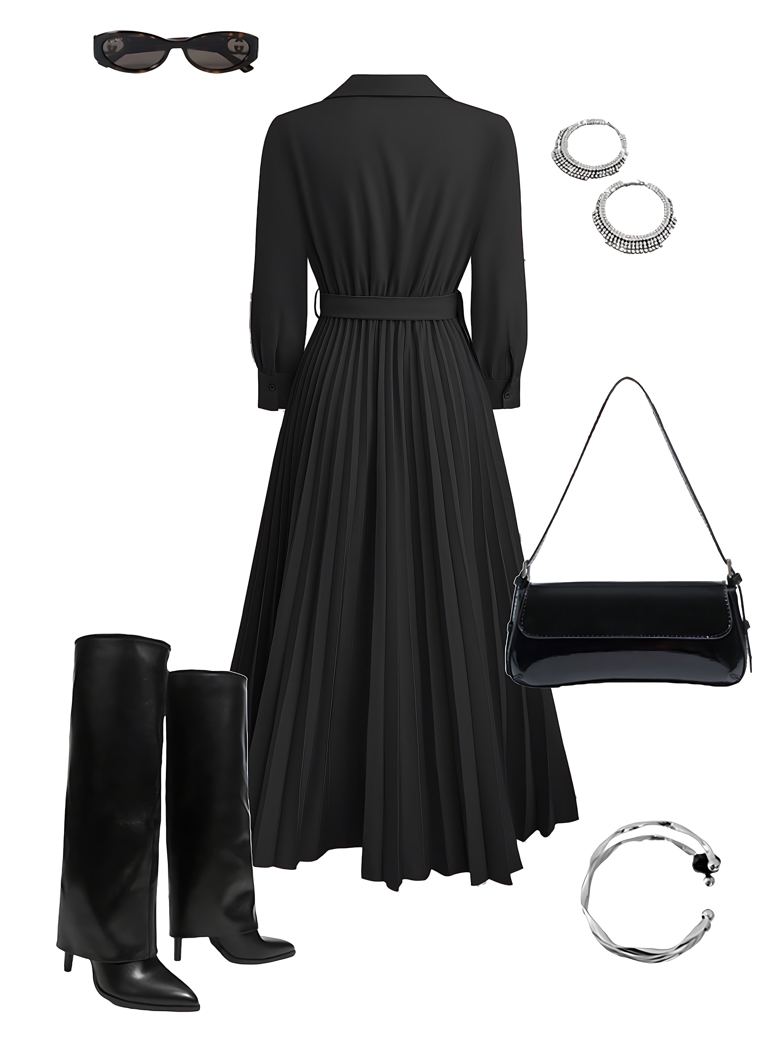 Edith – Pleated Long Sleeve Maxi Shirt Dress