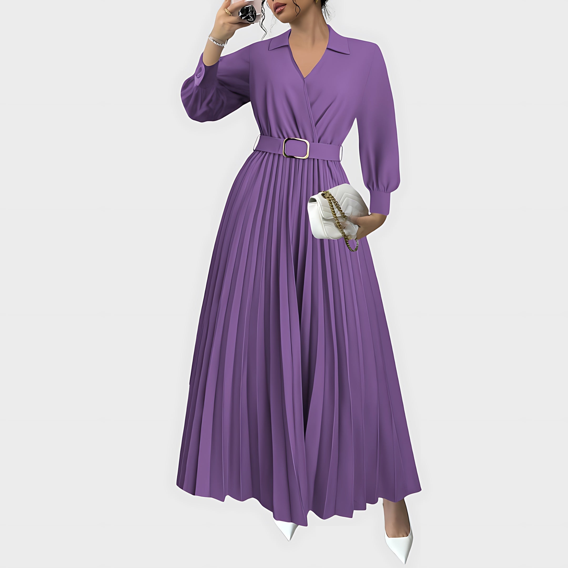 Edith – Pleated Long Sleeve Maxi Shirt Dress