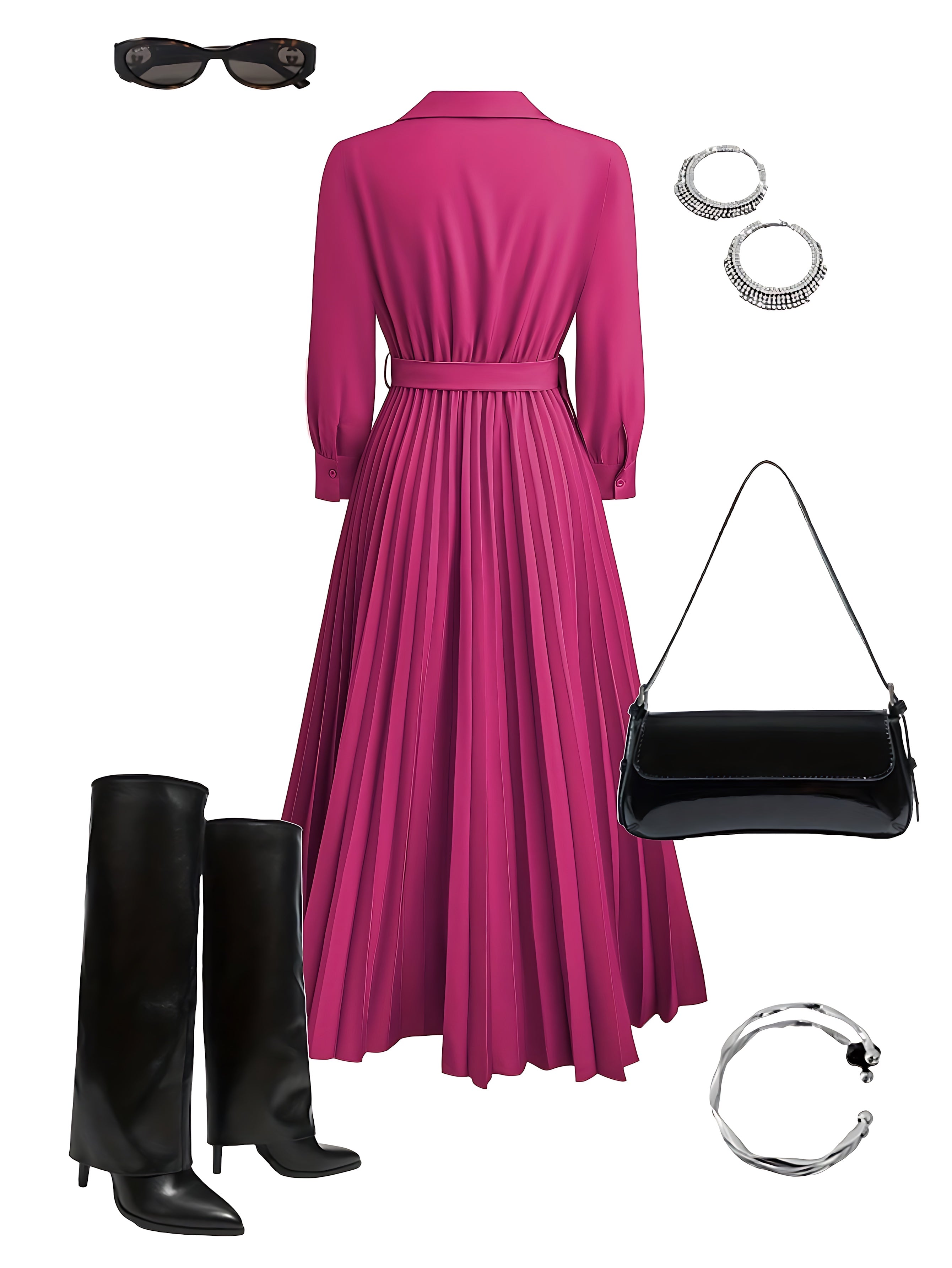 Edith – Pleated Long Sleeve Maxi Shirt Dress
