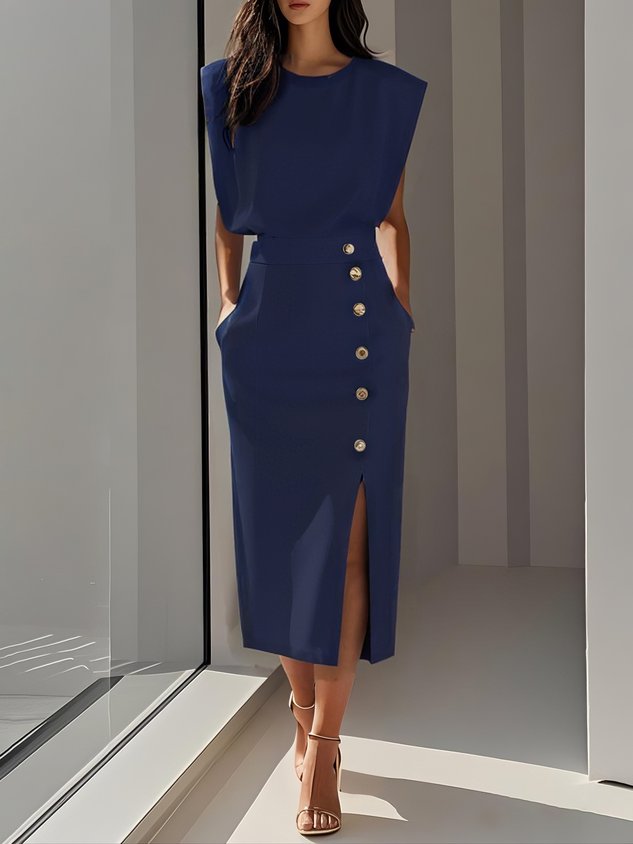 Sophie – Round Neck Bodycon Side Slit Midi Dress