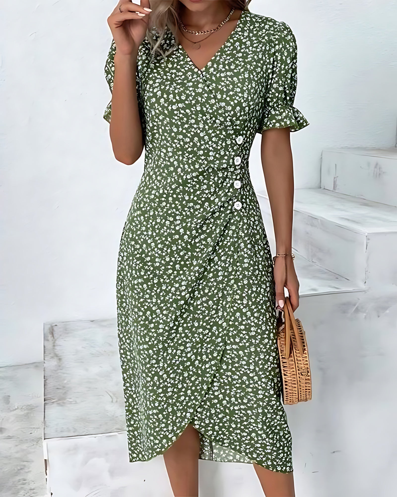 Eleanor – Ditsy Floral Wrap V Neck Midi Dress