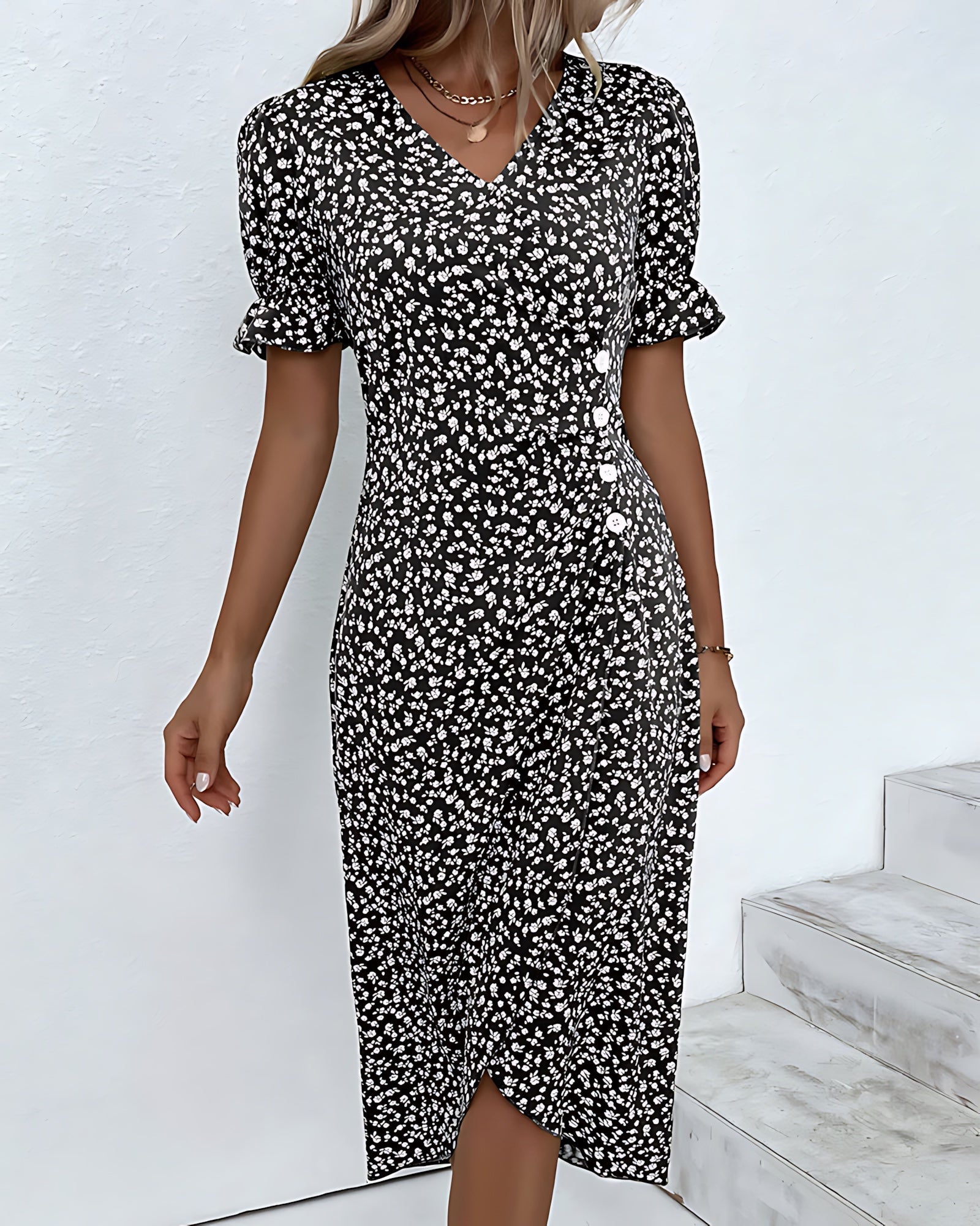 Eleanor – Ditsy Floral Wrap V Neck Midi Dress