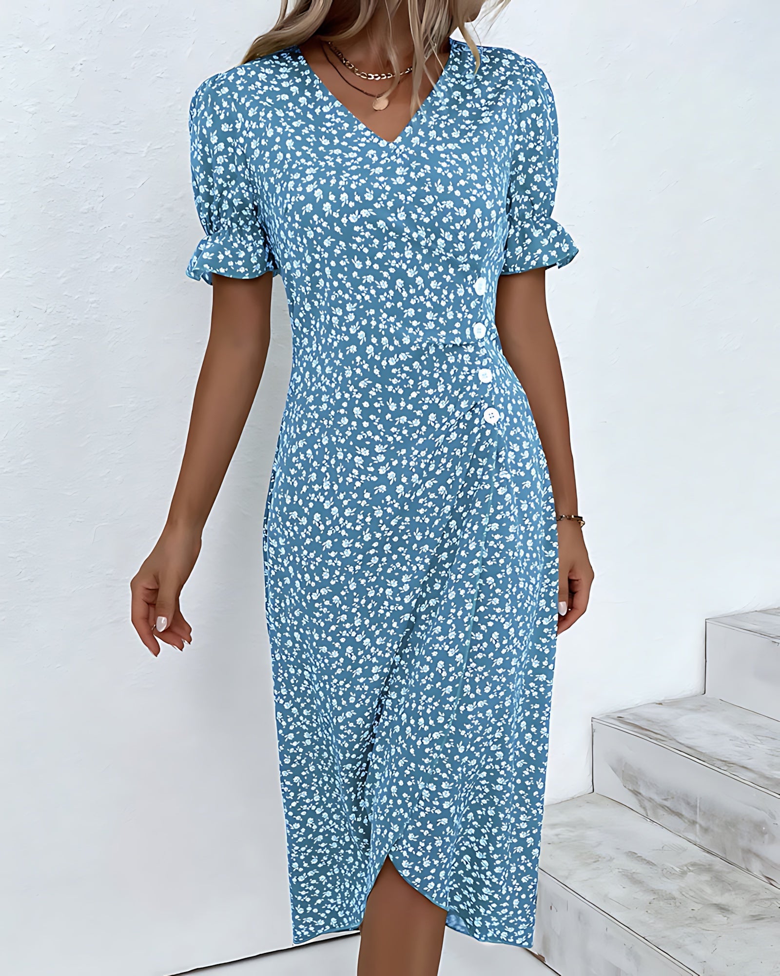 Eleanor – Ditsy Floral Wrap V Neck Midi Dress