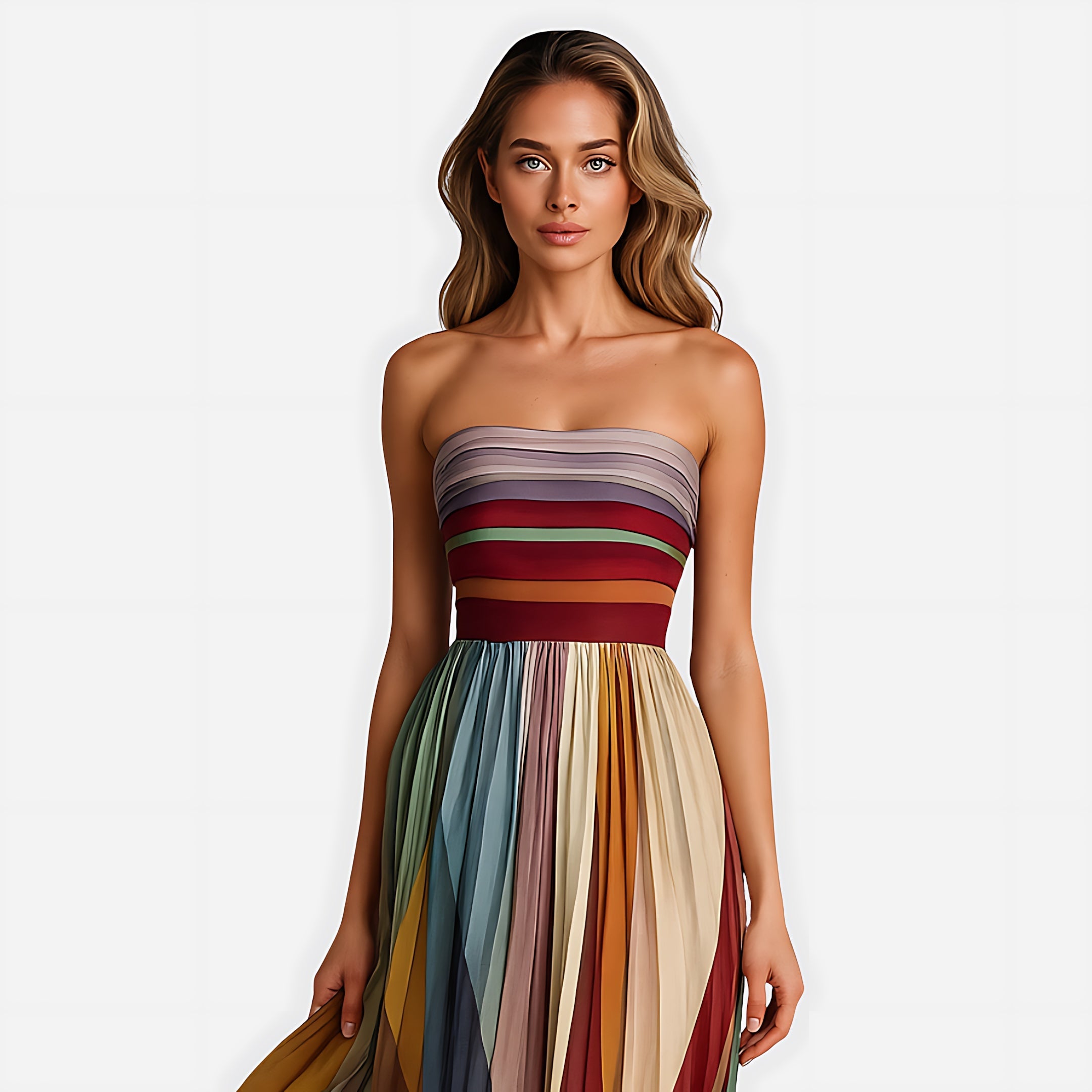 Eleanor – Striped Pleated Strapless Maxi Dress