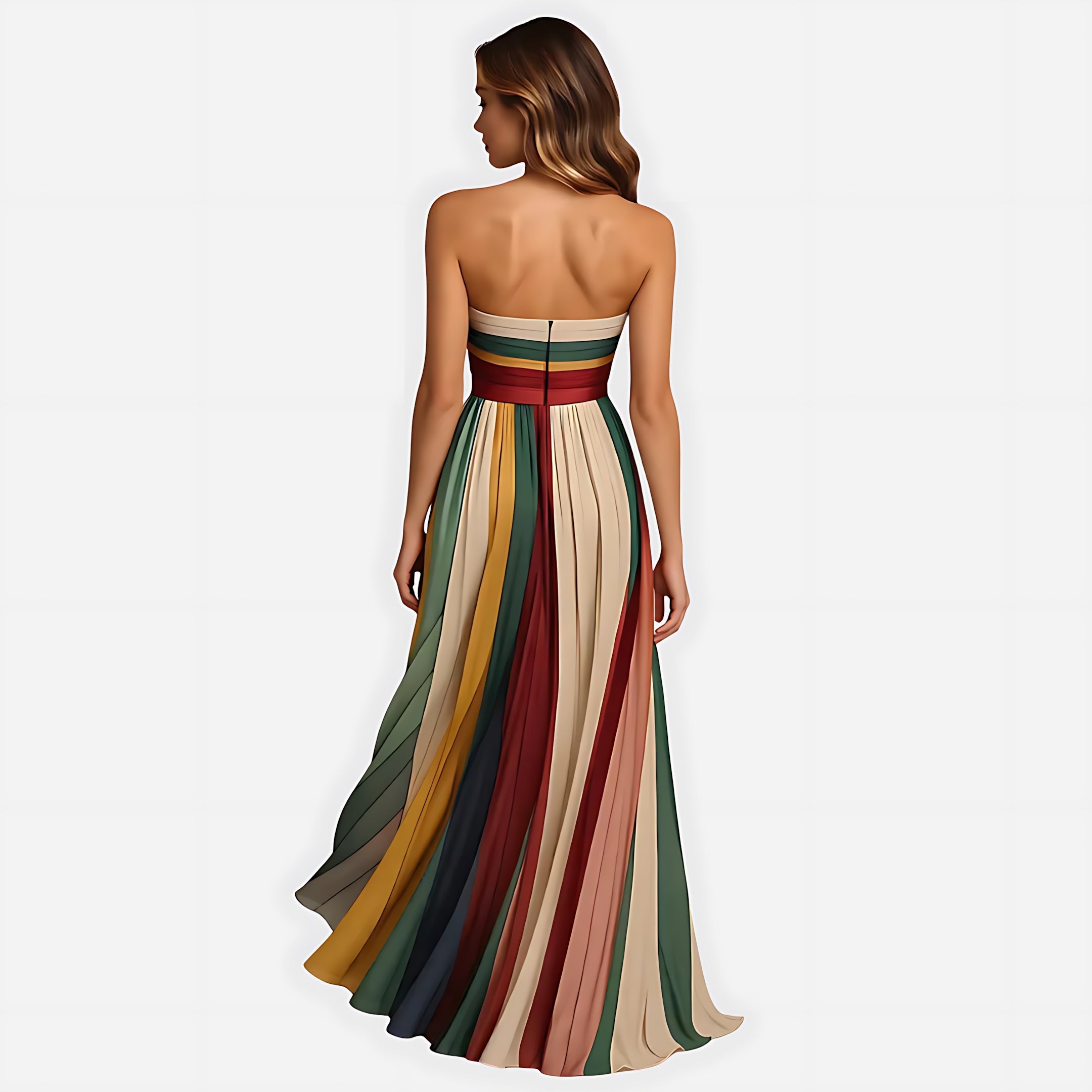 Eleanor – Striped Pleated Strapless Maxi Dress