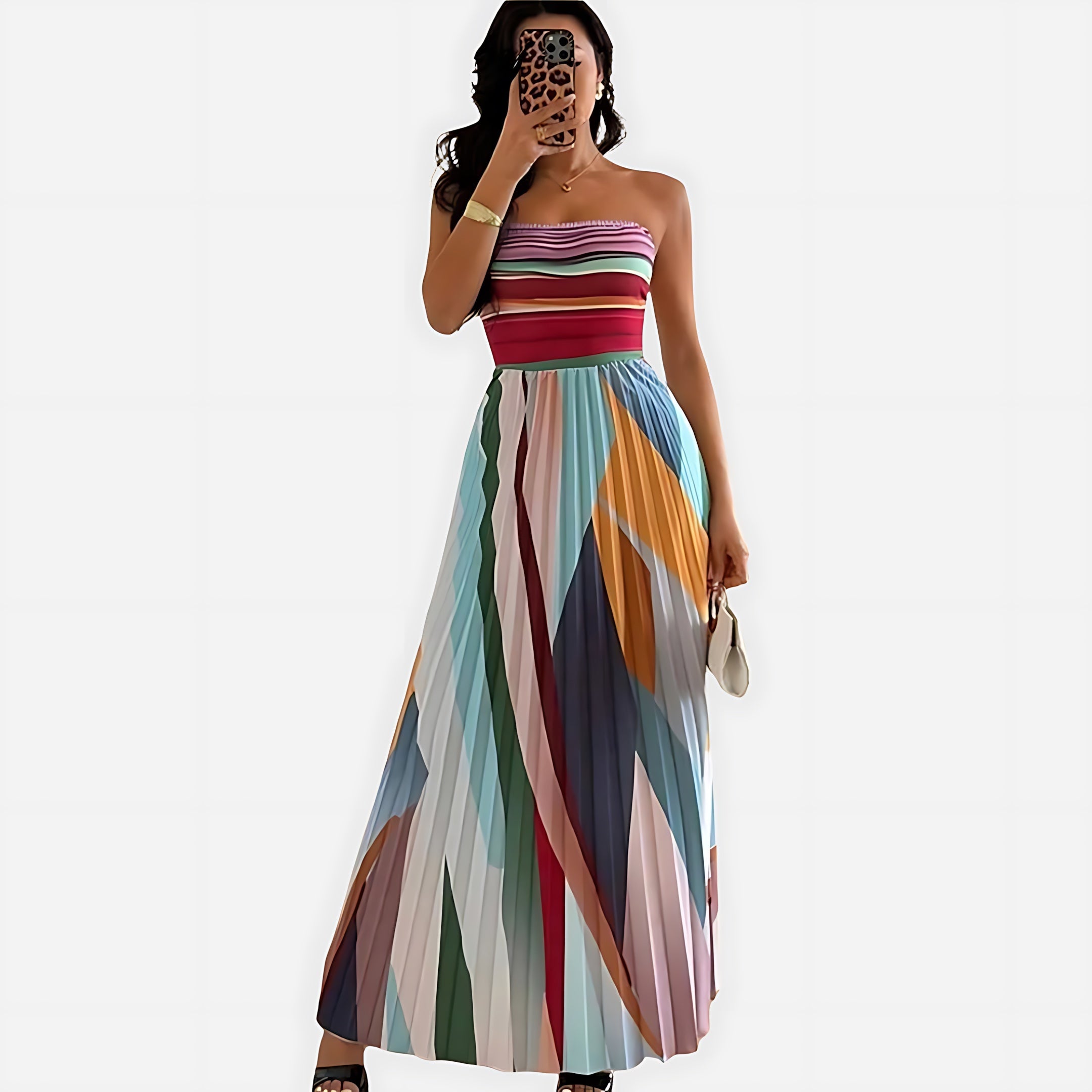 Eleanor – Striped Pleated Strapless Maxi Dress
