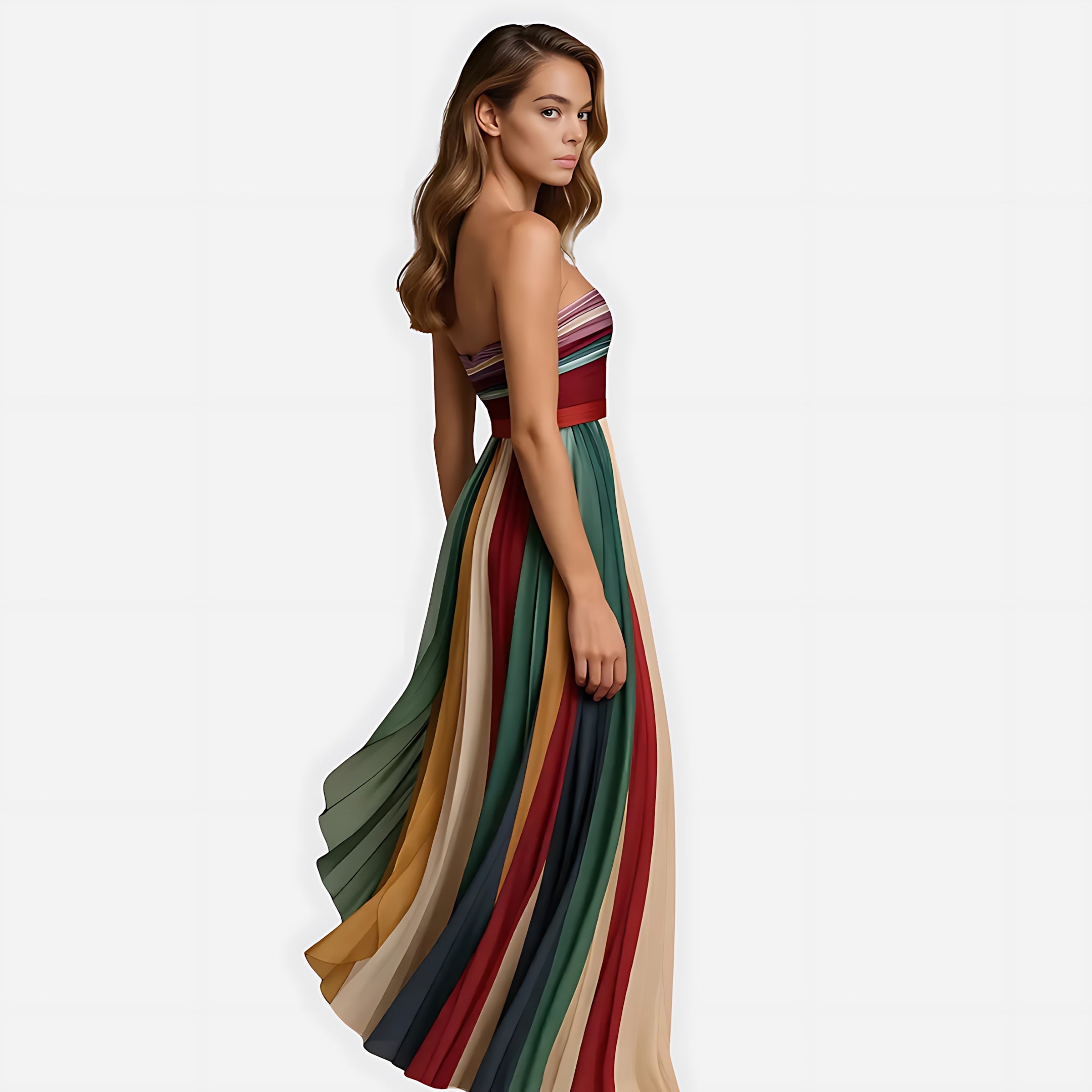 Eleanor – Striped Pleated Strapless Maxi Dress