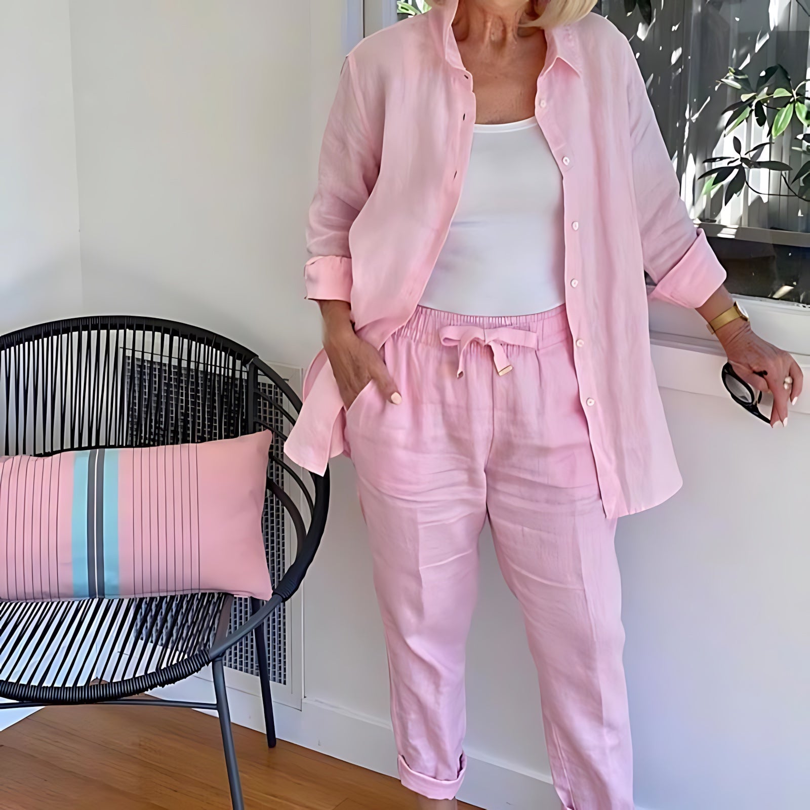 Eliana – Striped Button Up Shirt and Pants Set