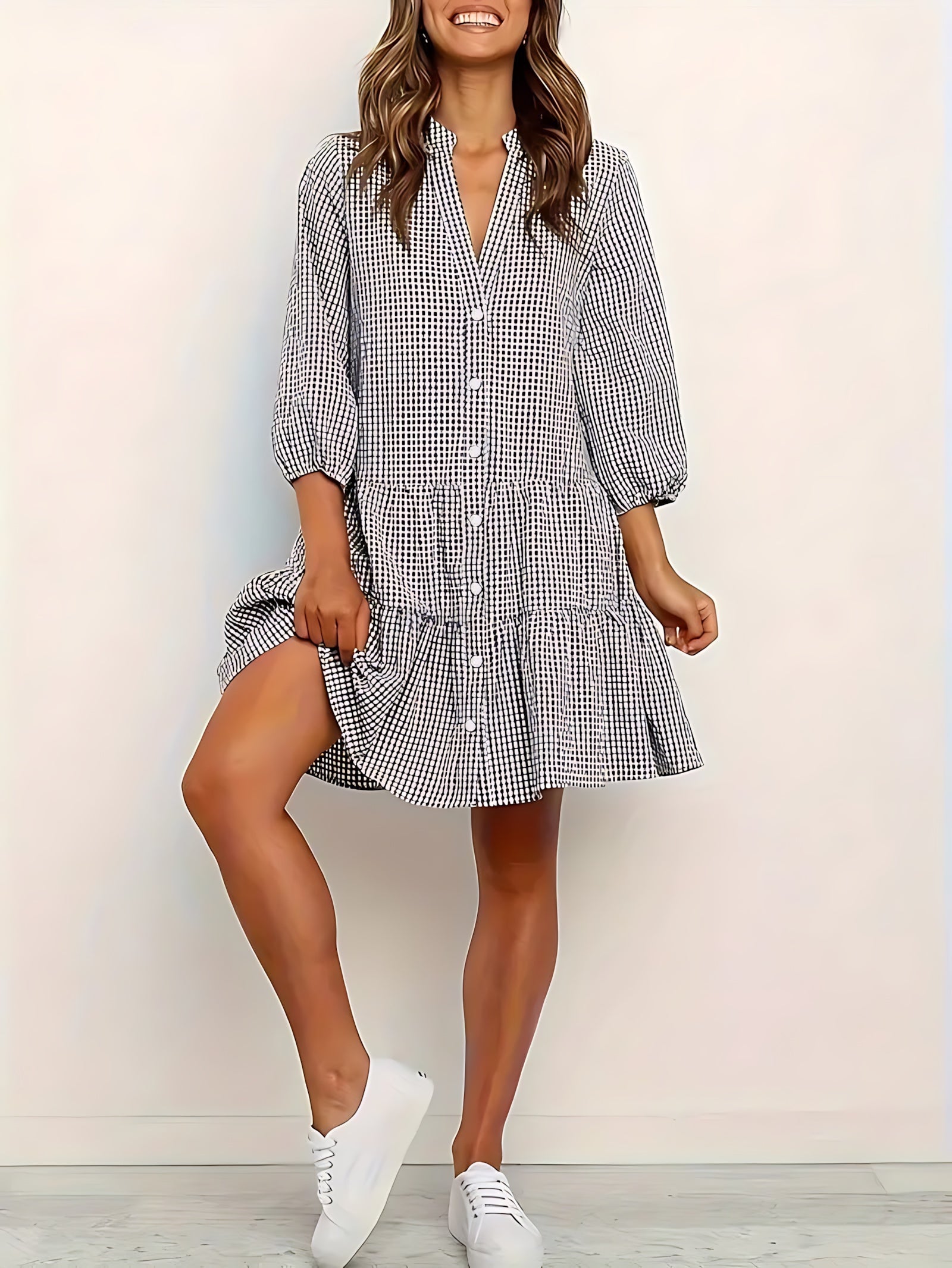 Elise – Striped Tiered 3/4 Sleeve Mini Shirt Dress