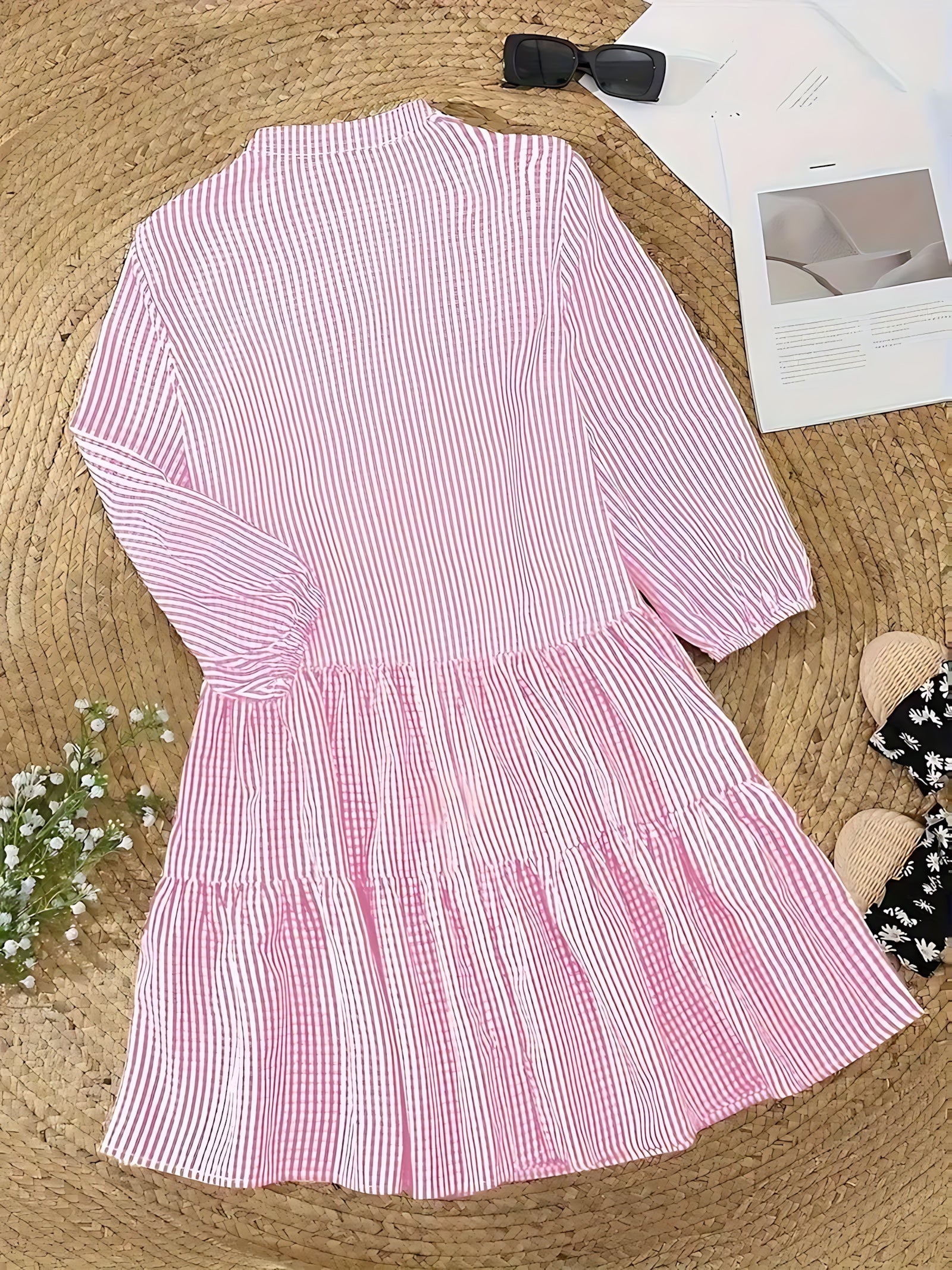 Elise – Striped Tiered 3/4 Sleeve Mini Shirt Dress
