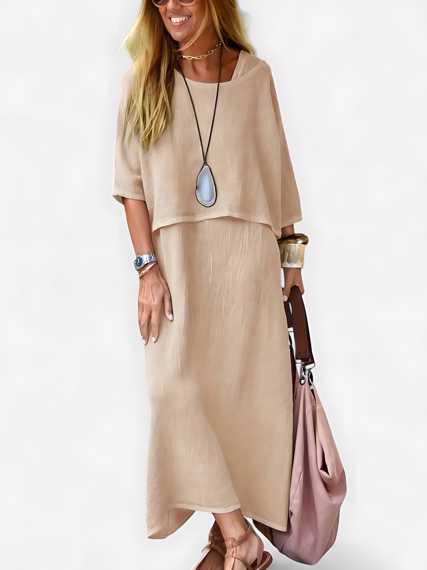 Elise – V Neck Maxi Dress and Short Sleeve Top Set