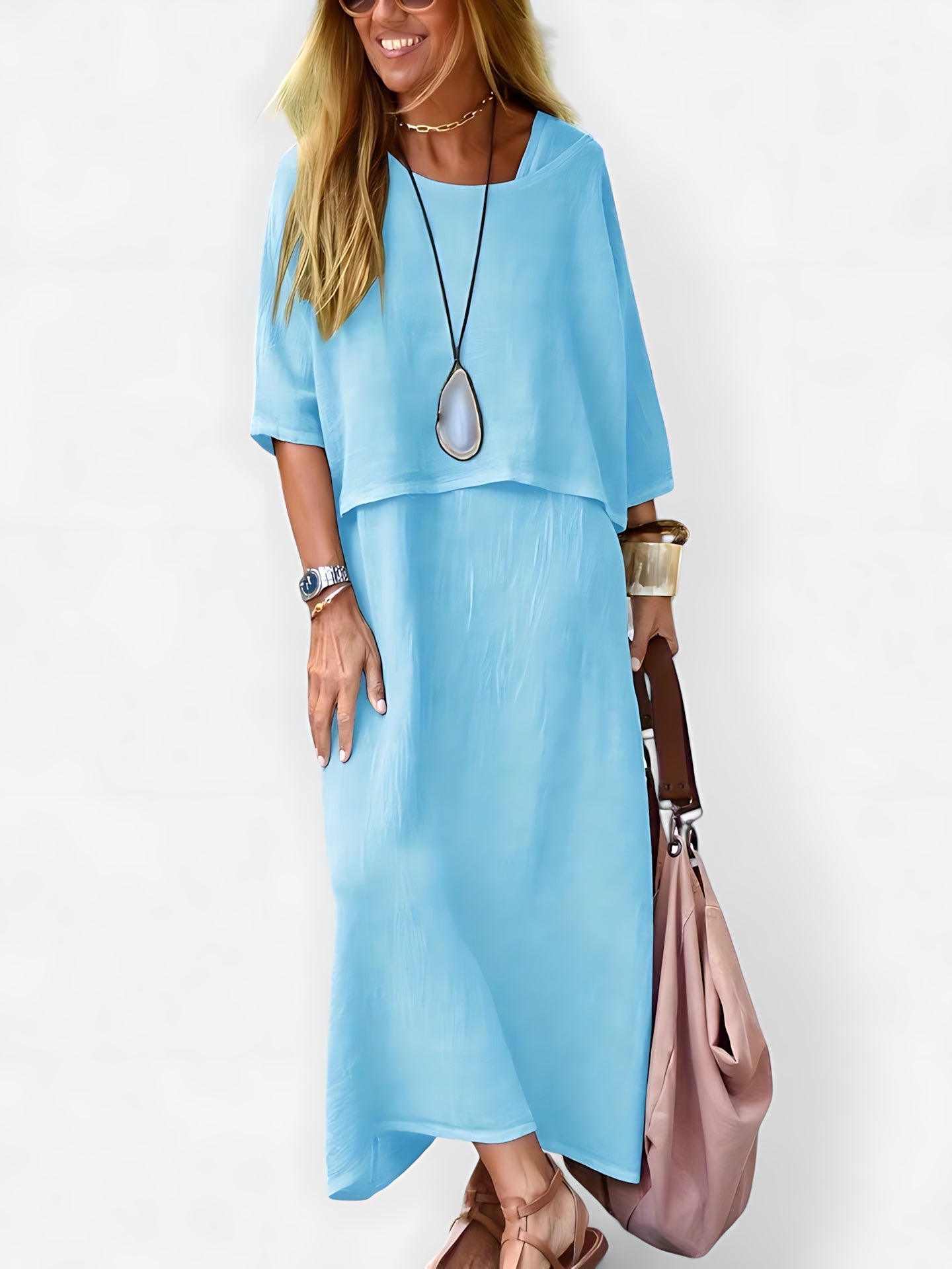 Elise – V Neck Maxi Dress and Short Sleeve Top Set
