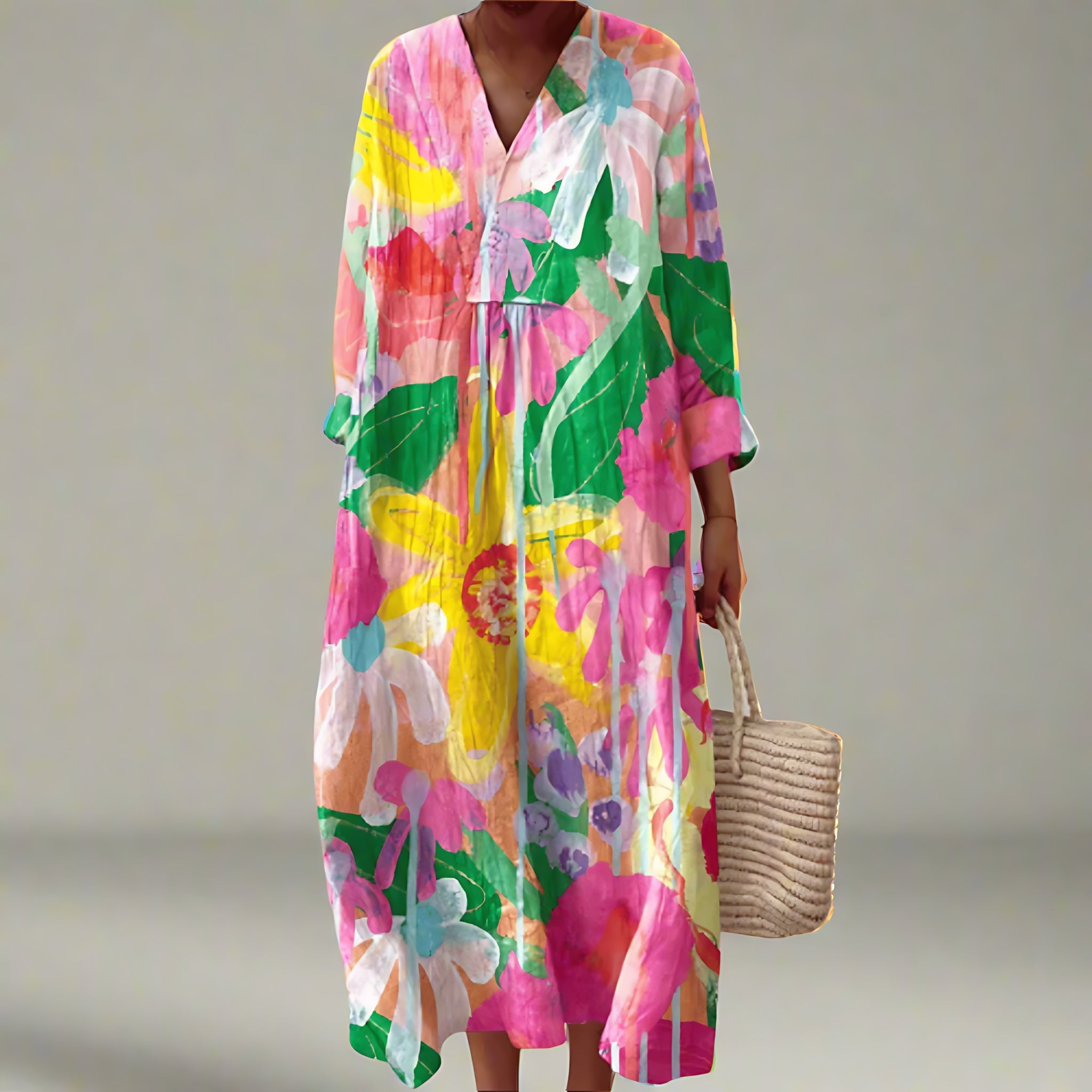 Eliza – Abstract Floral Print V Neck Maxi Dress