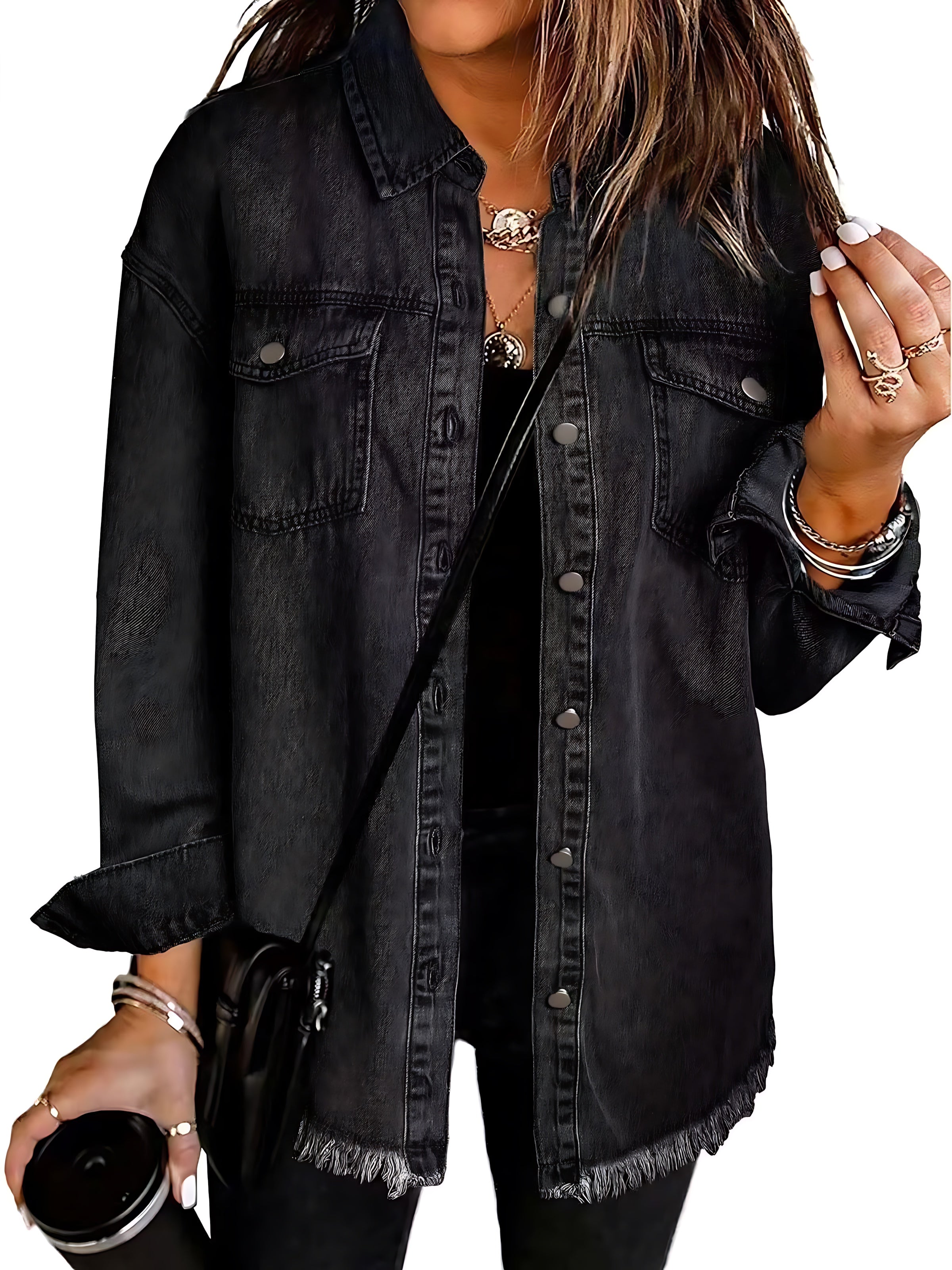 Eliza – Distressed Button Up Denim Jacket