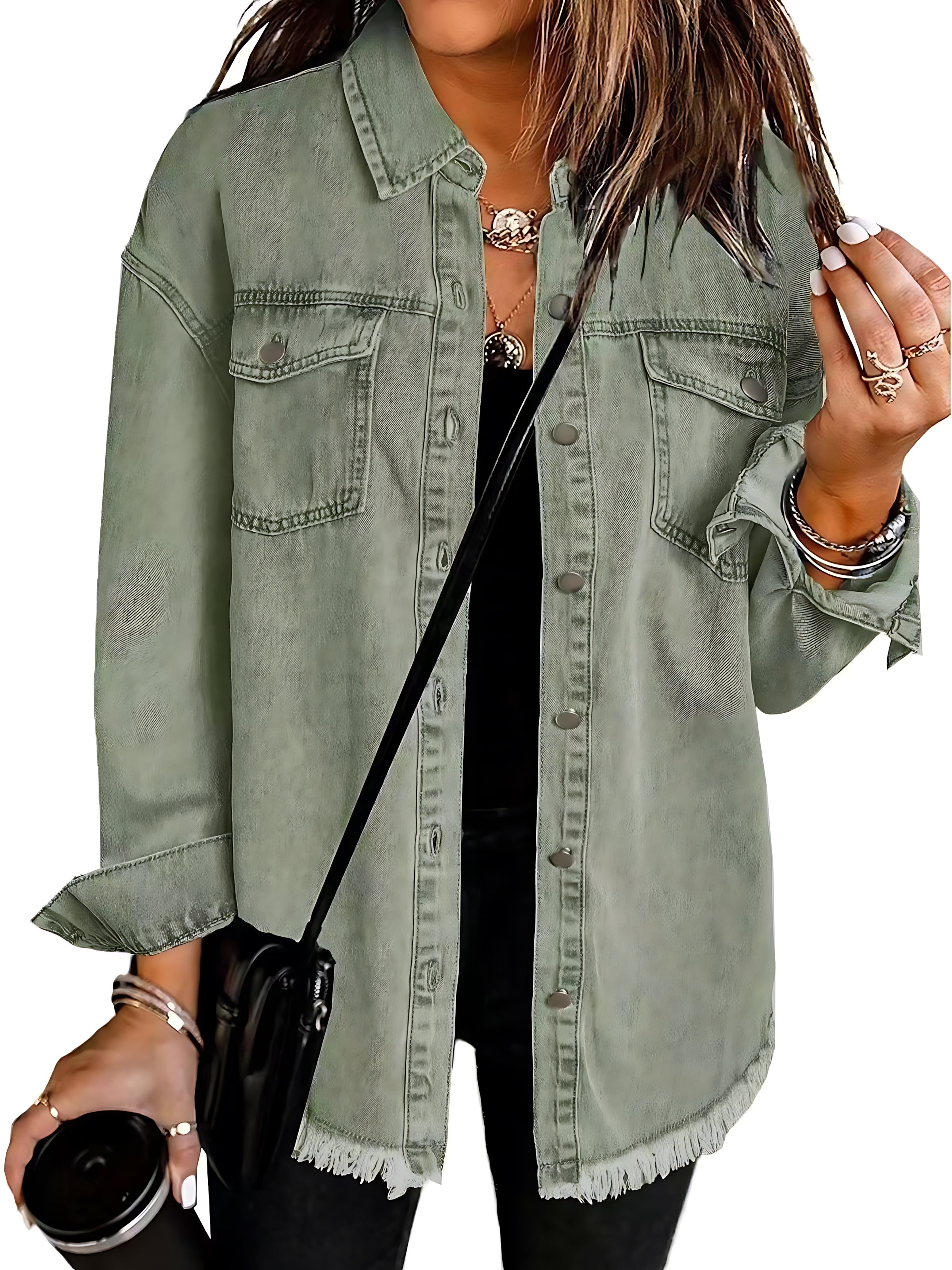 Eliza – Distressed Button Up Denim Jacket