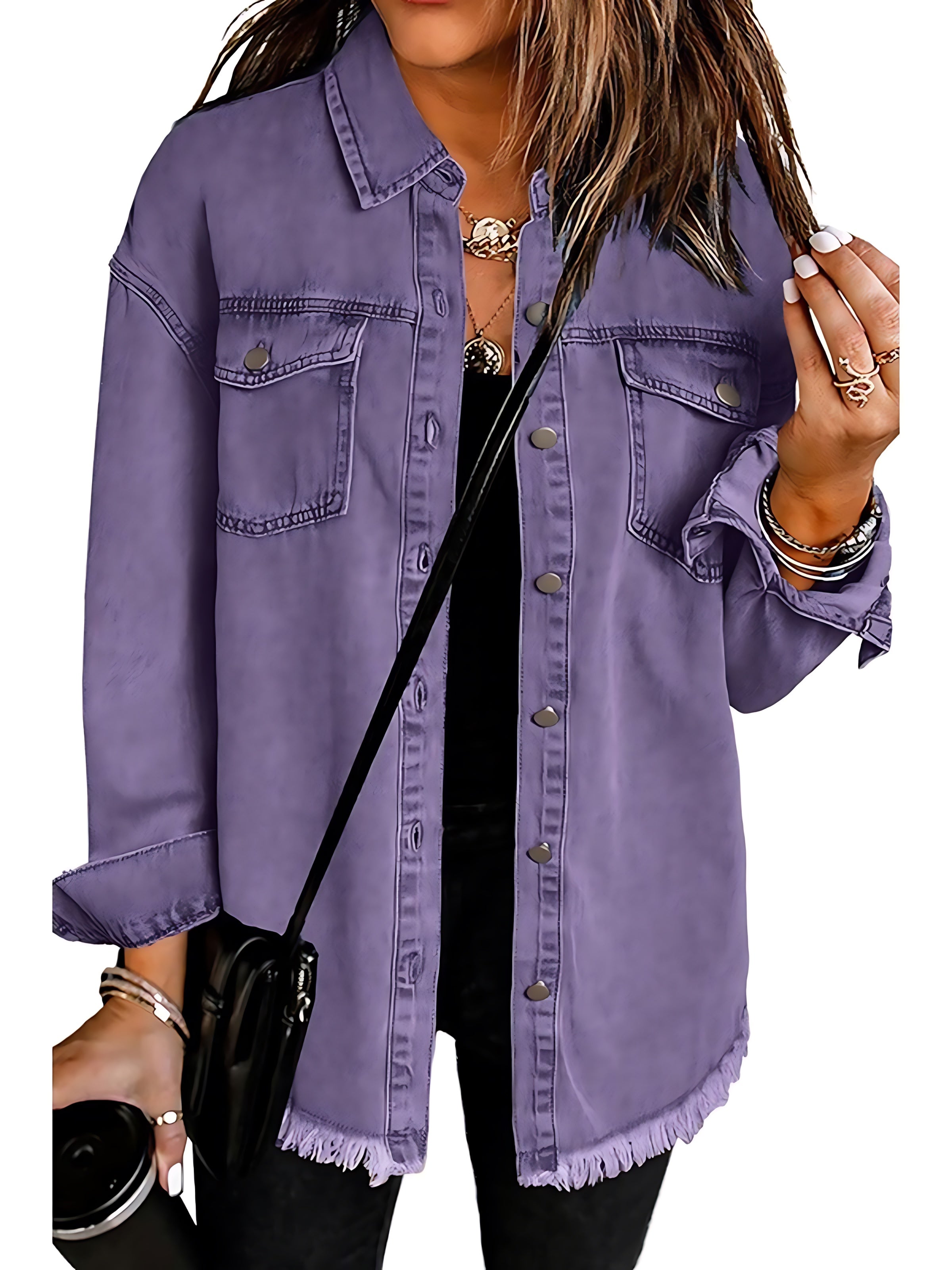 Eliza – Distressed Button Up Denim Jacket