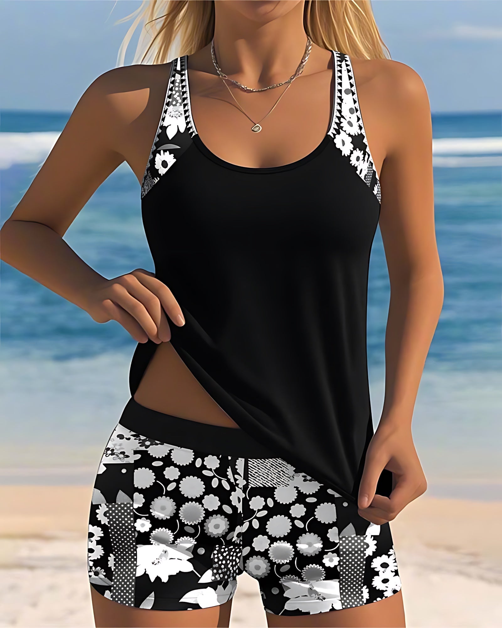 Eliza – Scoop Neck Tankini and Floral Swim Shorts Set
