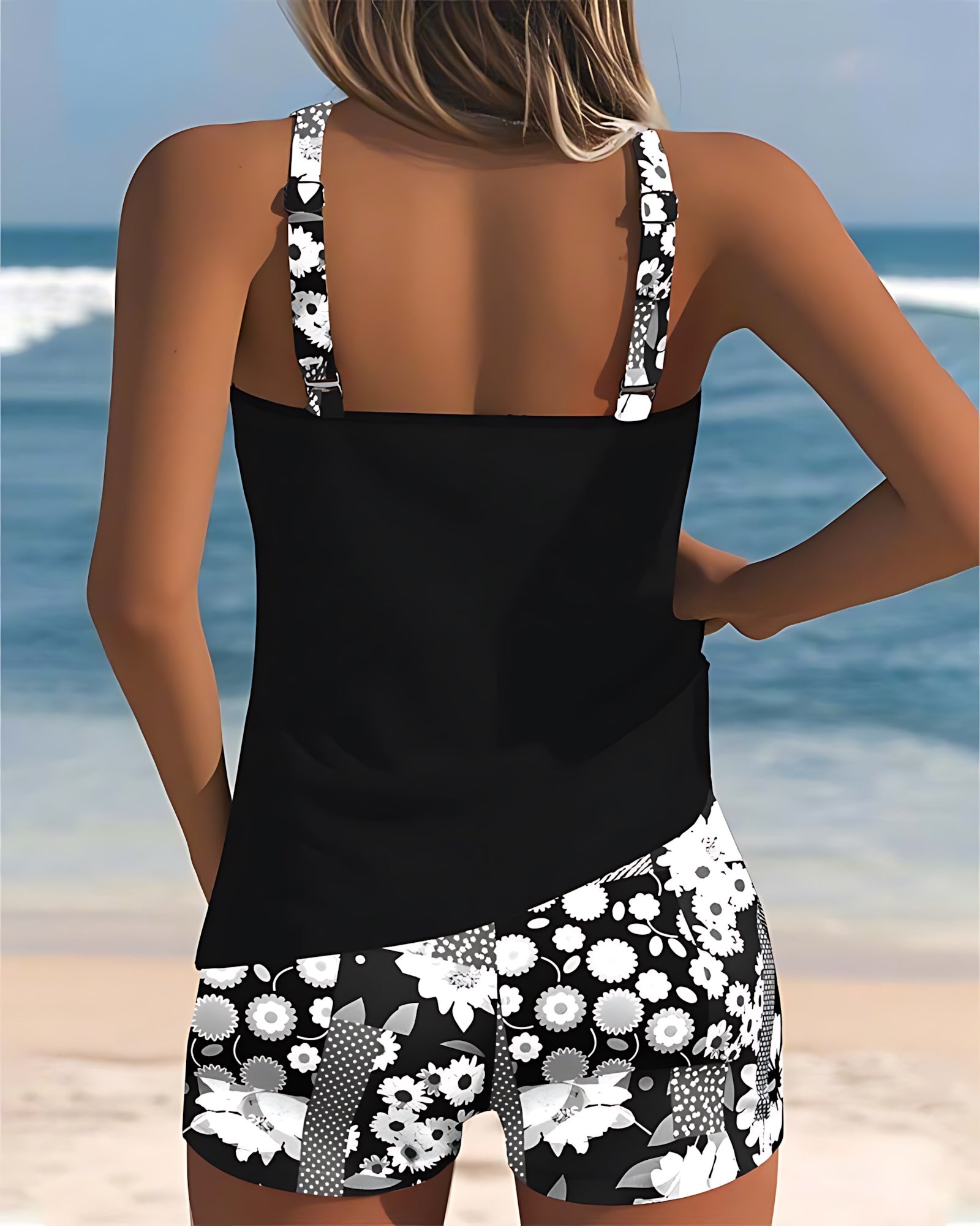 Eliza – Scoop Neck Tankini and Floral Swim Shorts Set