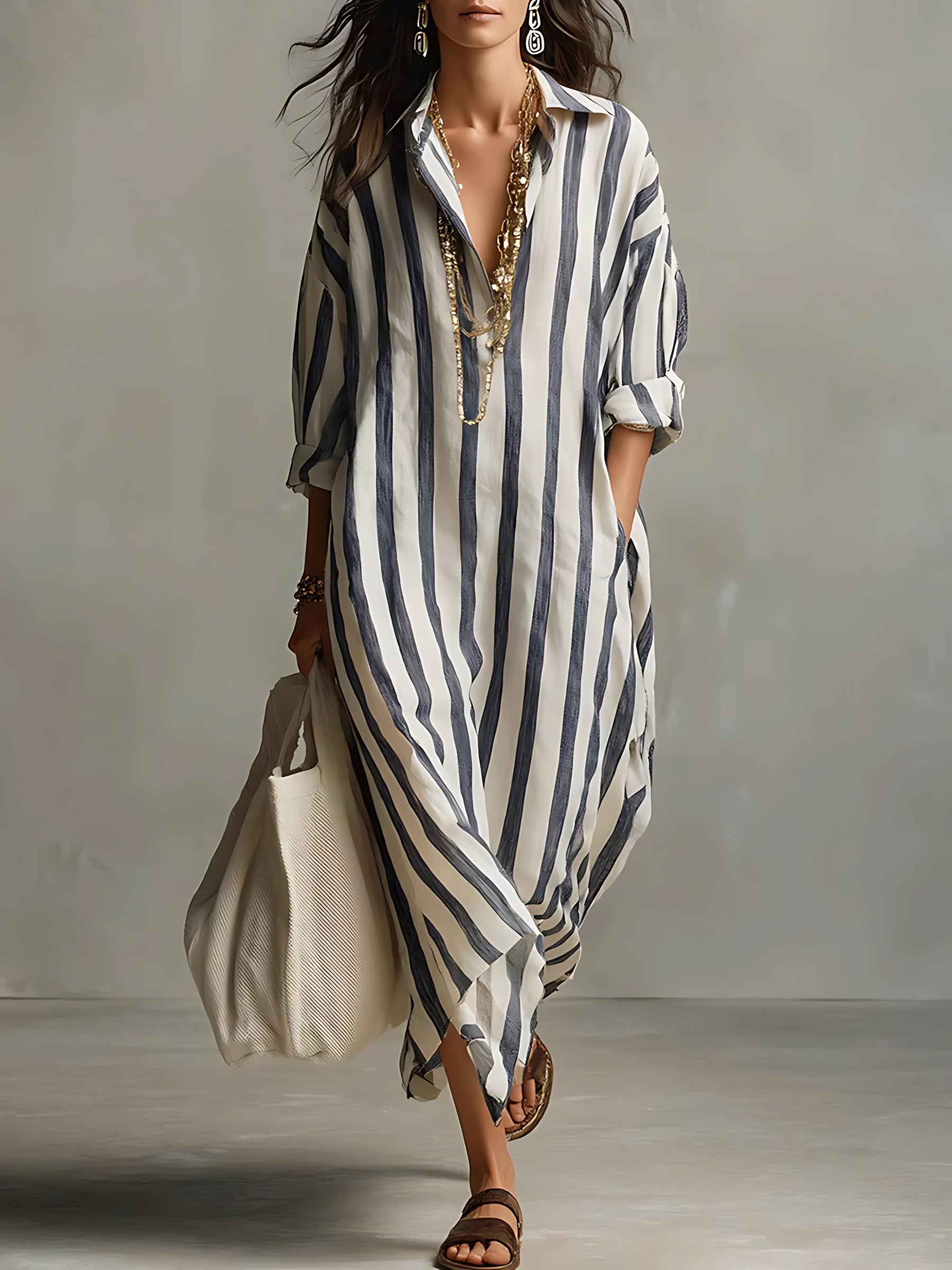 Elizabeth – Striped Long Sleeve Midi Shirt Dress