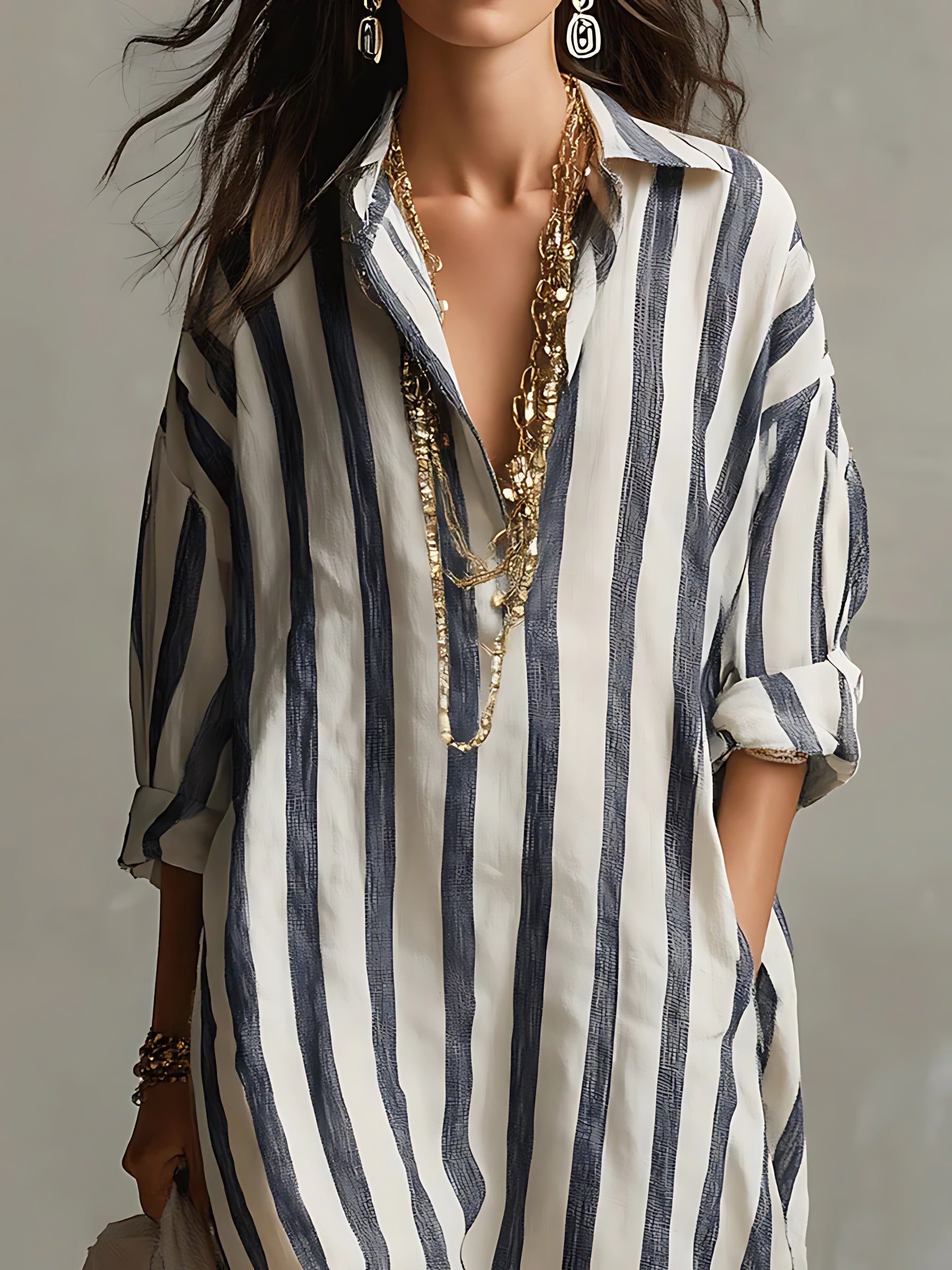 Elizabeth – Striped Long Sleeve Midi Shirt Dress