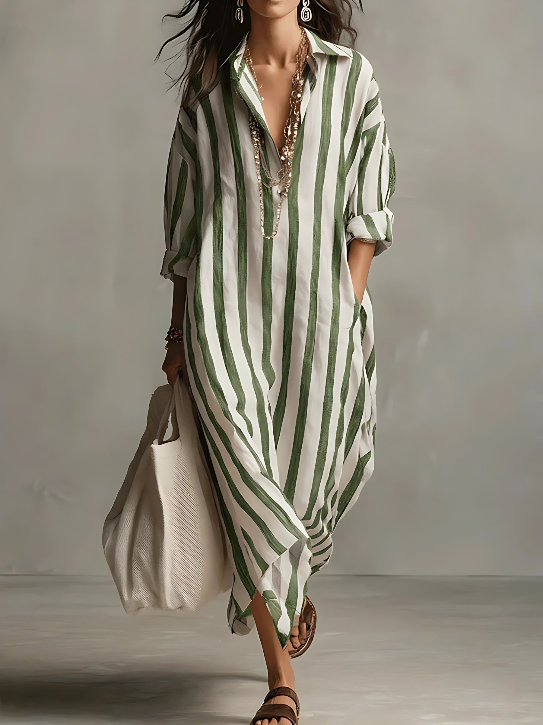 Elizabeth – Striped Long Sleeve Midi Shirt Dress