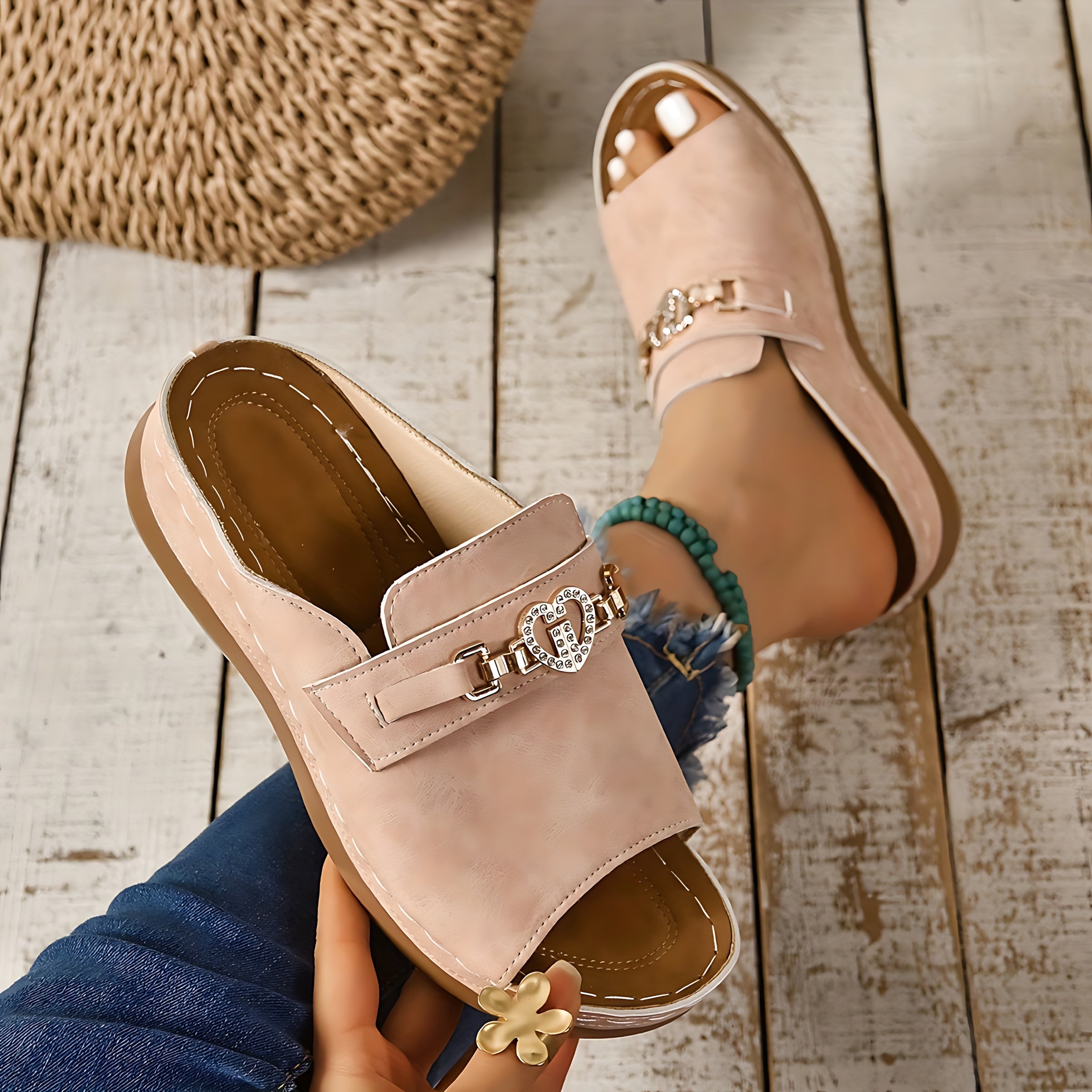 Elizabeth – Suede Chain Low Wedge Slide Sandals