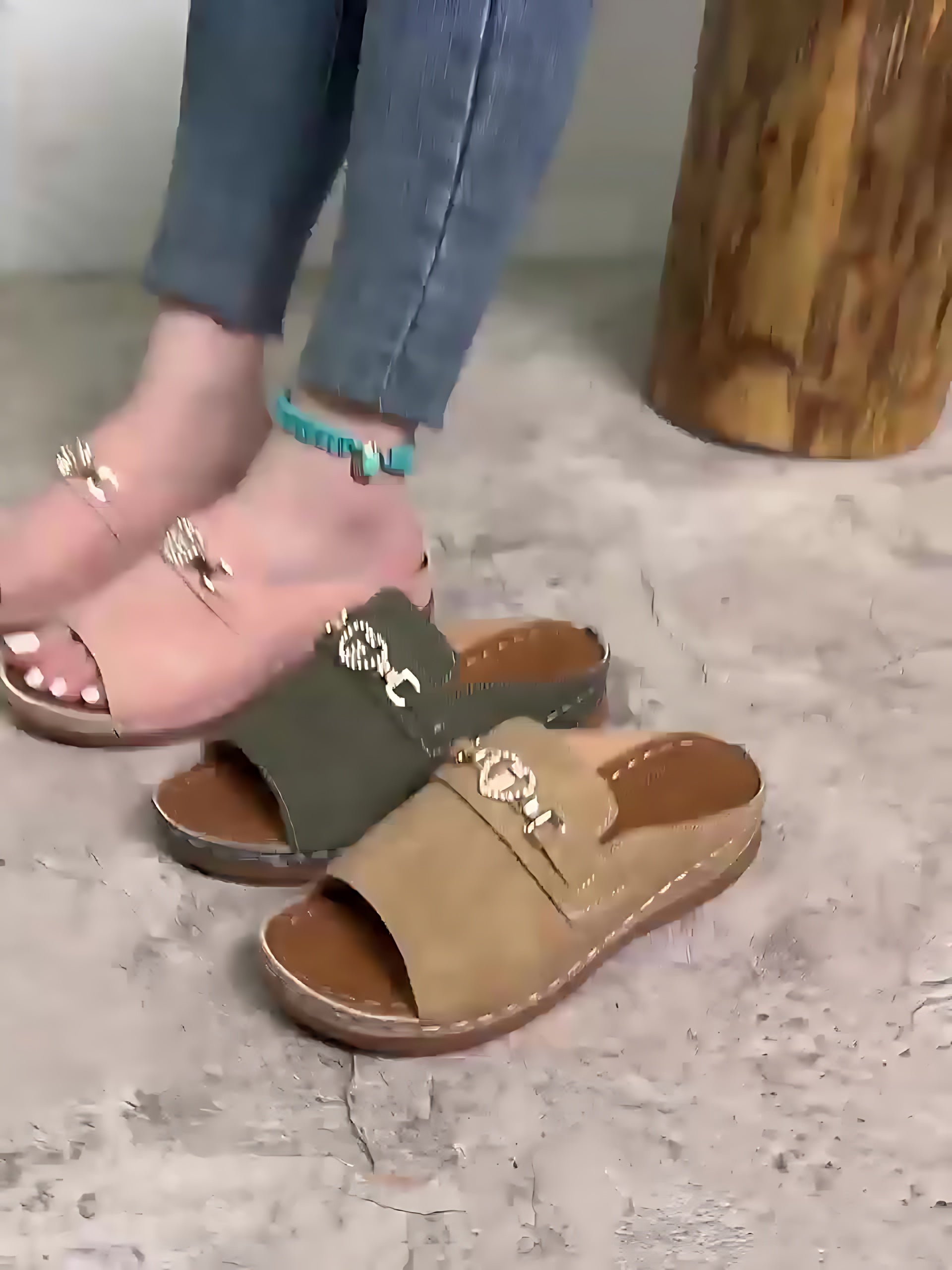 Elizabeth – Suede Chain Low Wedge Slide Sandals