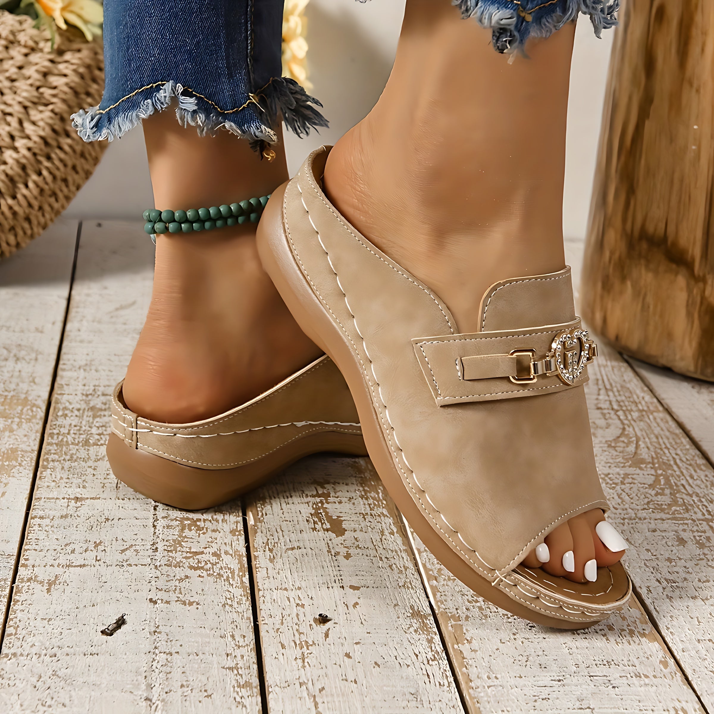 Elizabeth – Suede Chain Low Wedge Slide Sandals