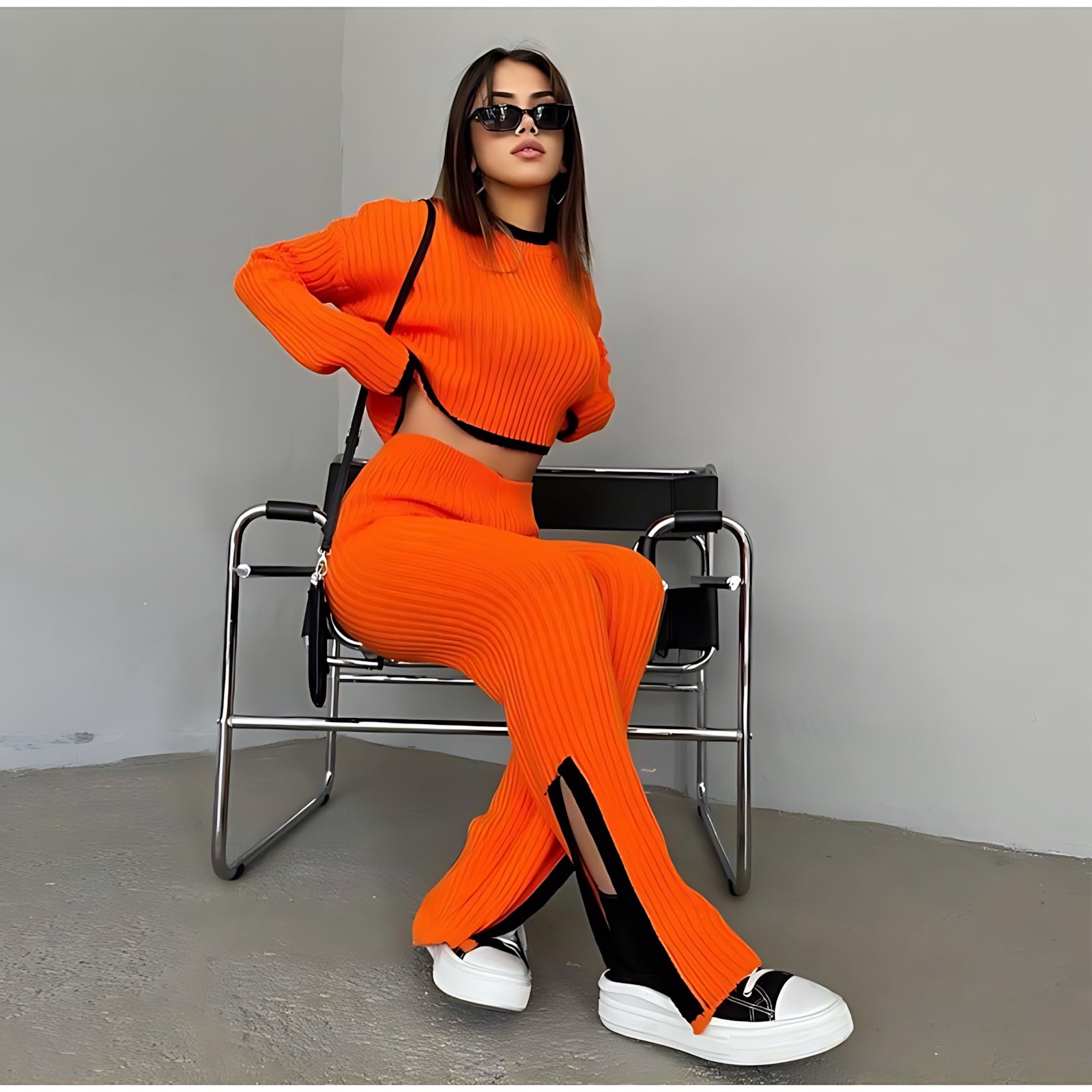 Ella – Ribbed Knit Top and Flare Pants Set