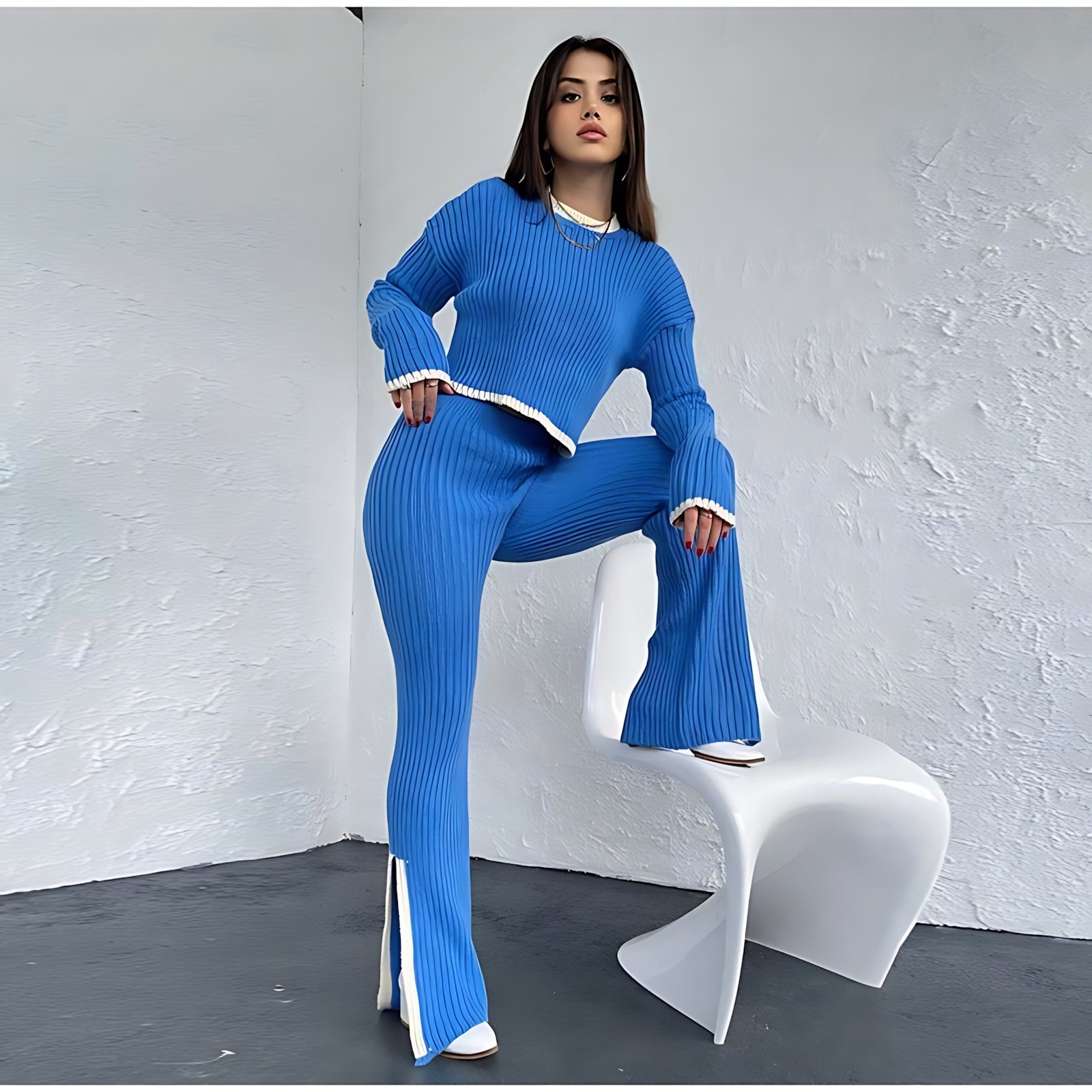 Ella – Ribbed Knit Top and Flare Pants Set