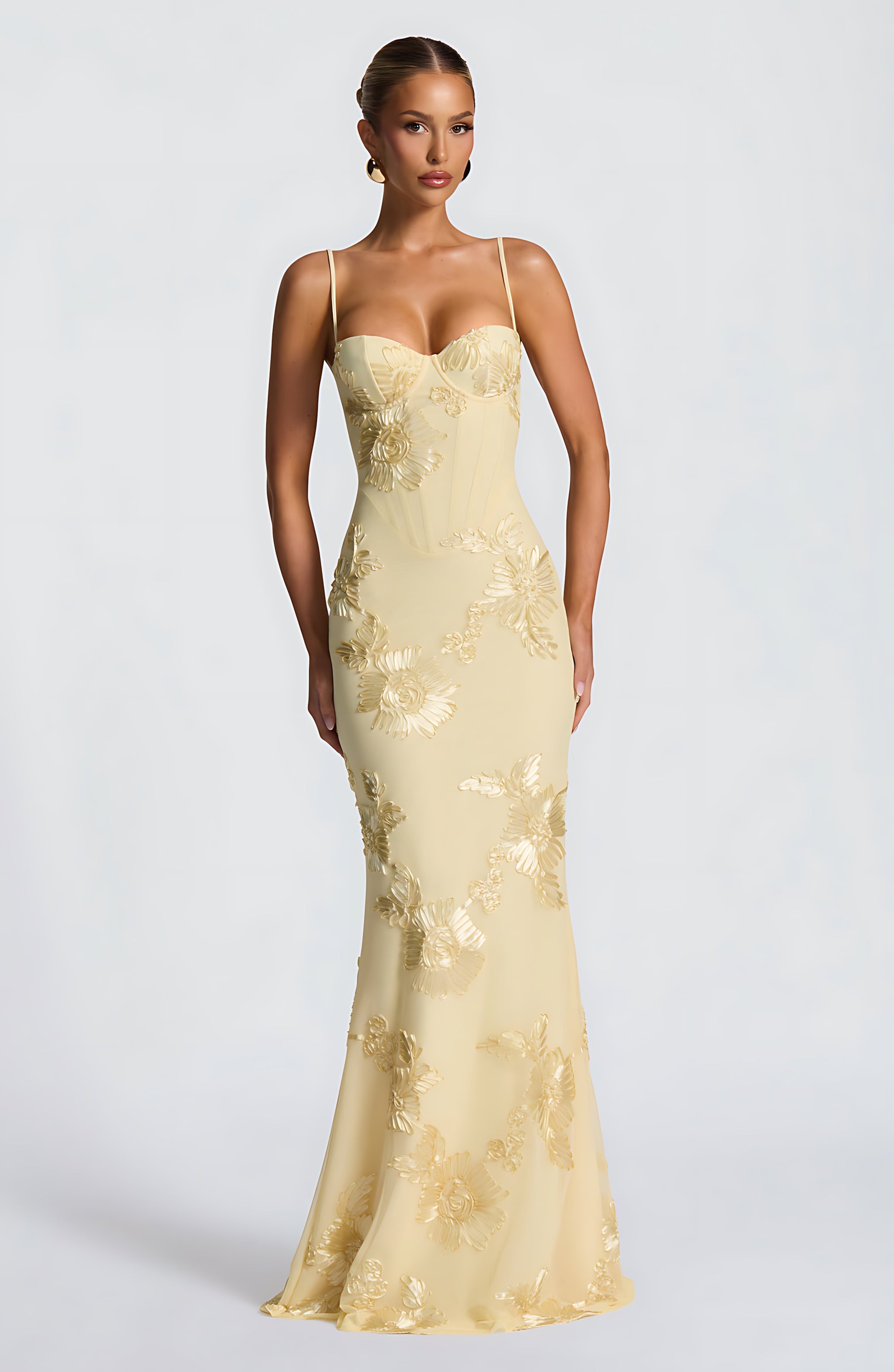 Elliana – Floral Embroidered Corset Wedding Guest Maxi Dress