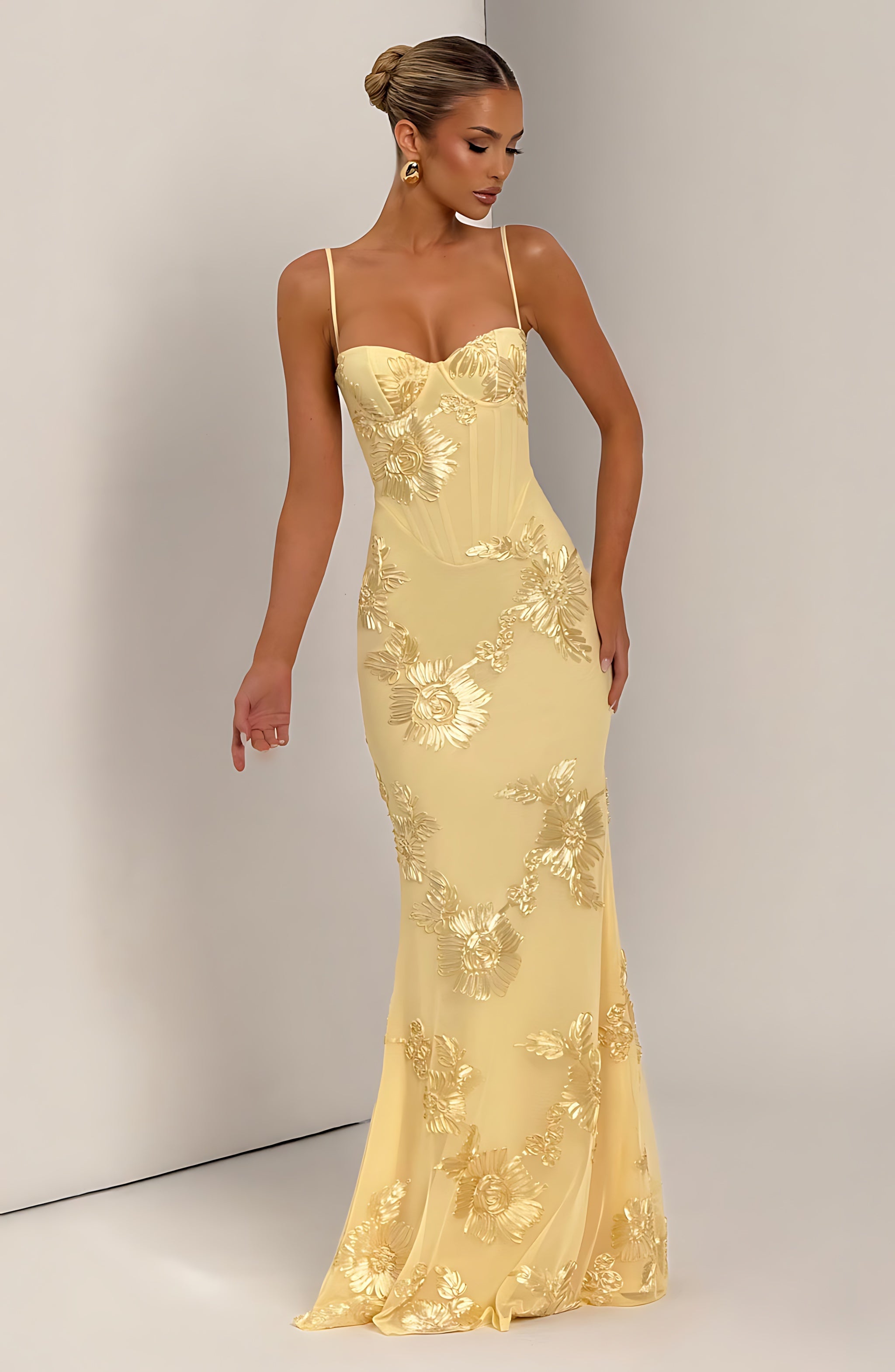 Elliana – Floral Embroidered Corset Wedding Guest Maxi Dress