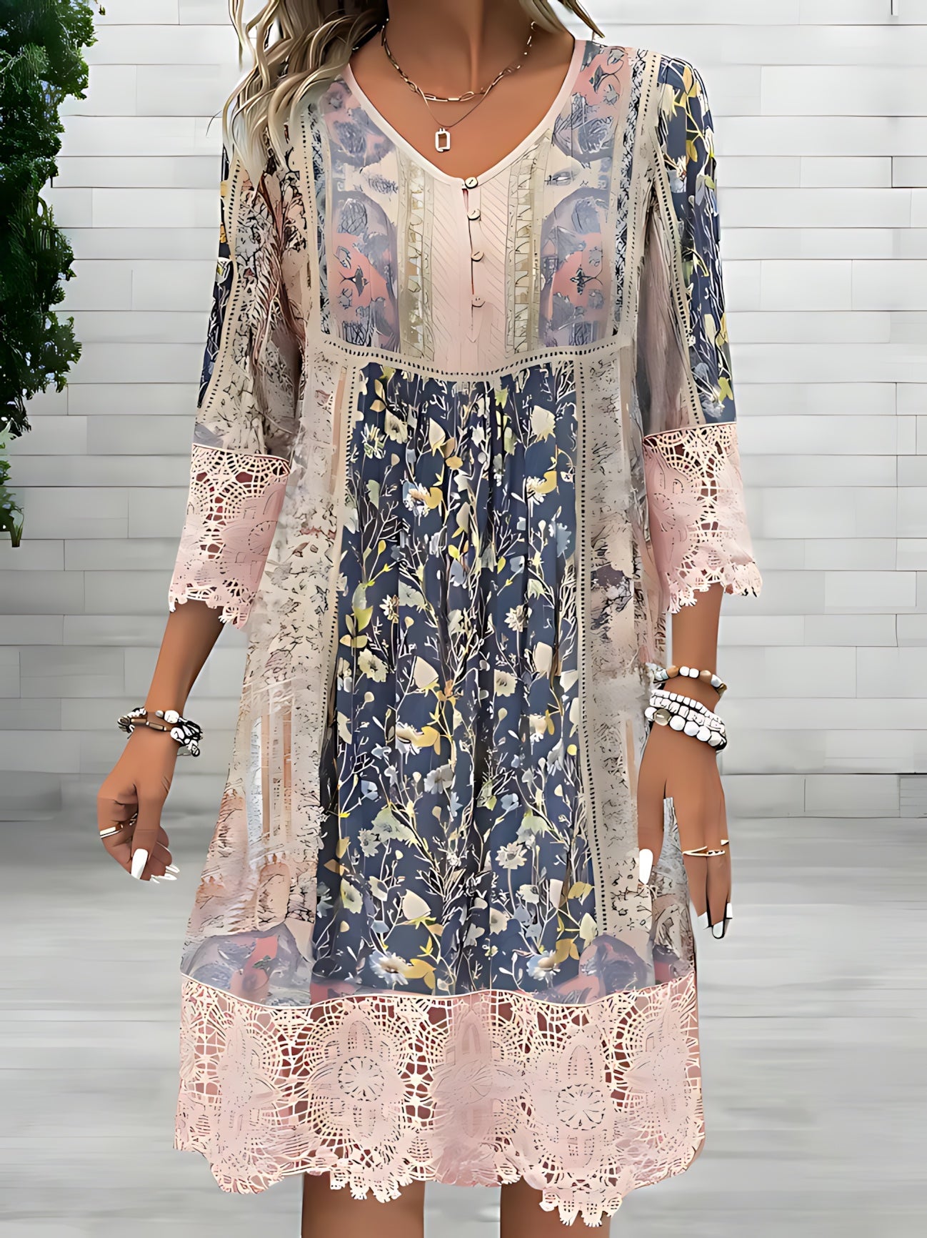 Ellie – Boho Mixed Print Lace Trim Midi Dress