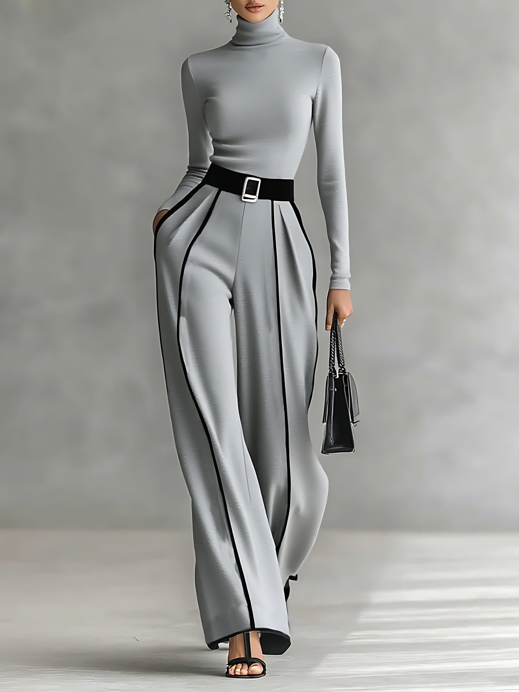 Ellie – High Neck Top and Contrast Stitch Wide Leg Pants Set