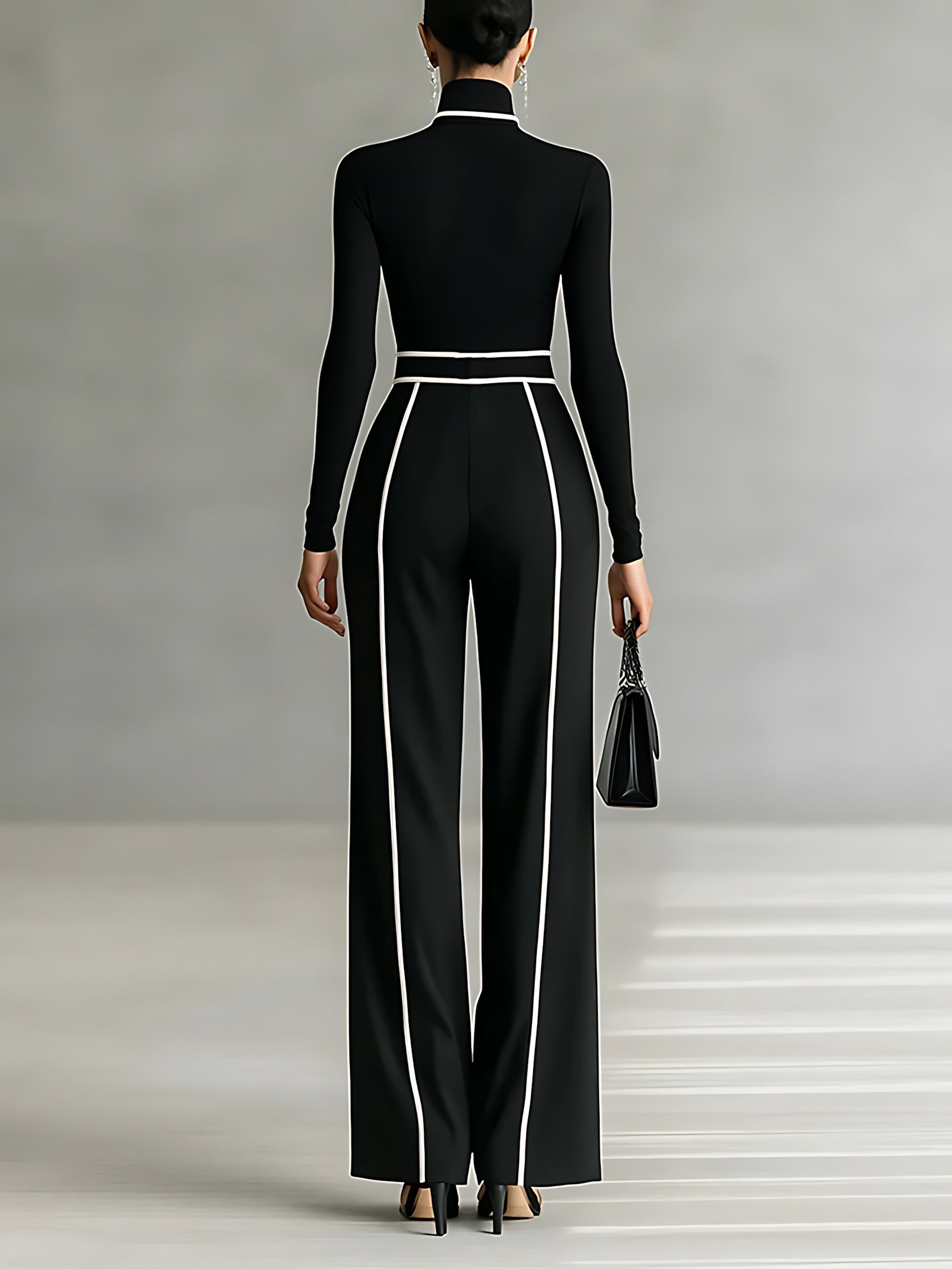 Ellie – High Neck Top and Contrast Stitch Wide Leg Pants Set