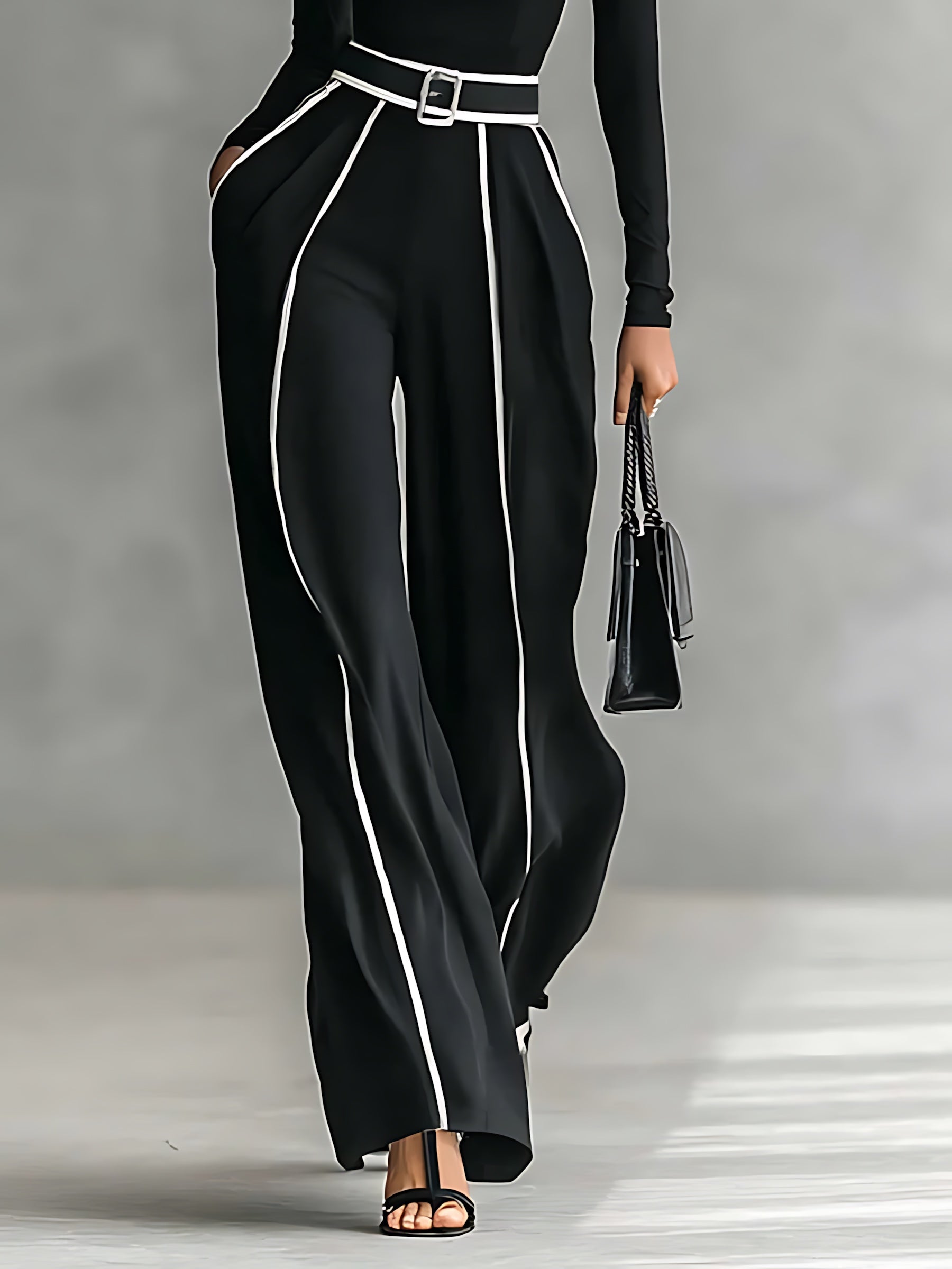 Ellie – High Neck Top and Contrast Stitch Wide Leg Pants Set