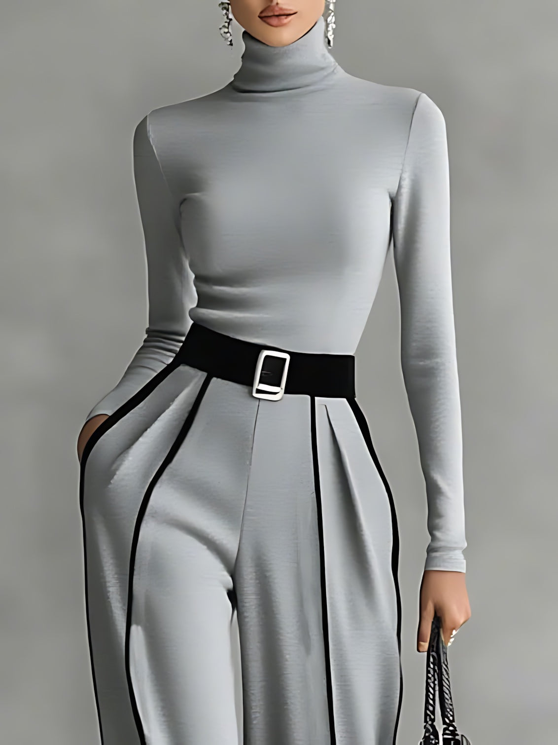 Ellie – High Neck Top and Contrast Stitch Wide Leg Pants Set