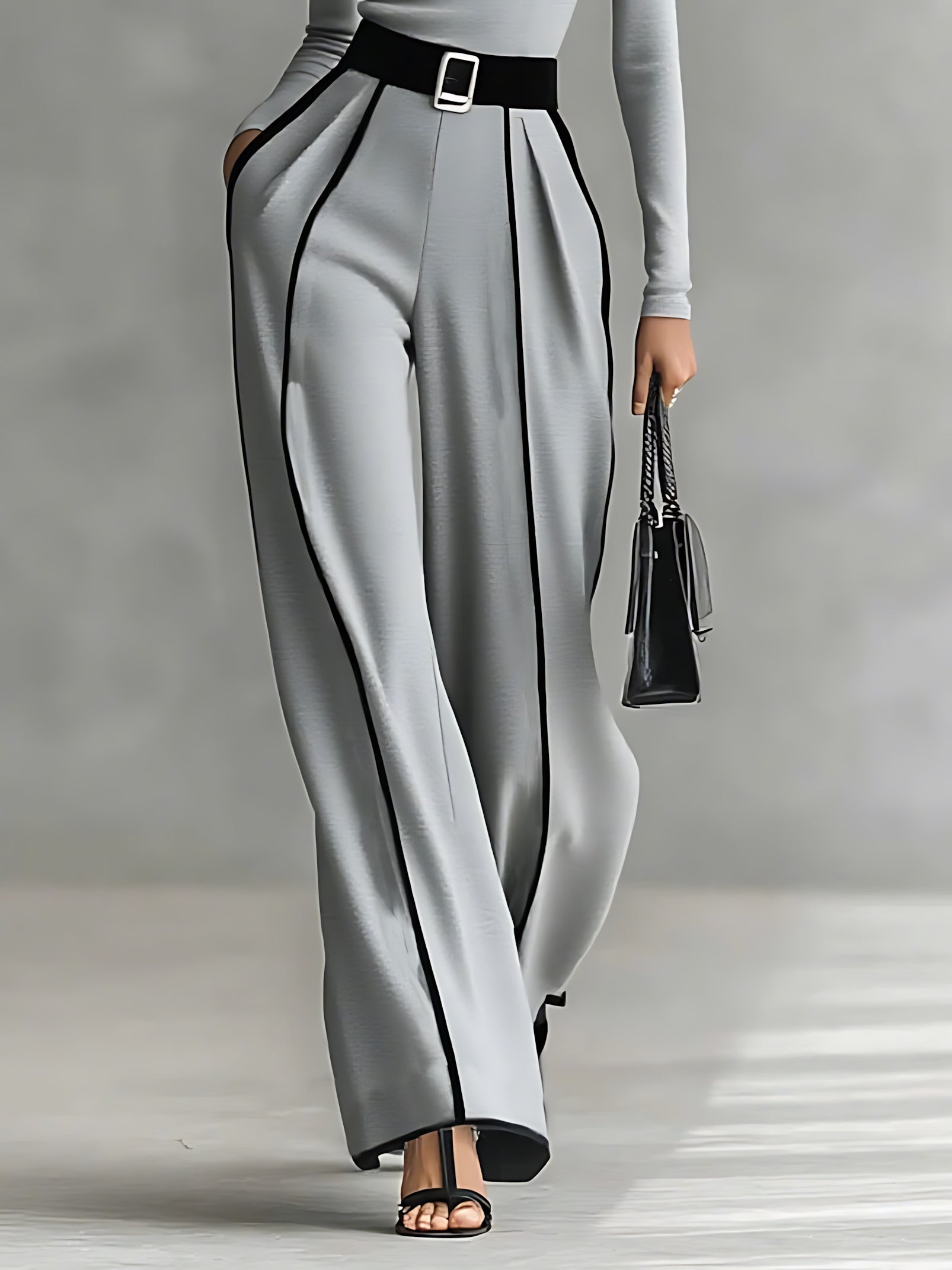Ellie – High Neck Top and Contrast Stitch Wide Leg Pants Set