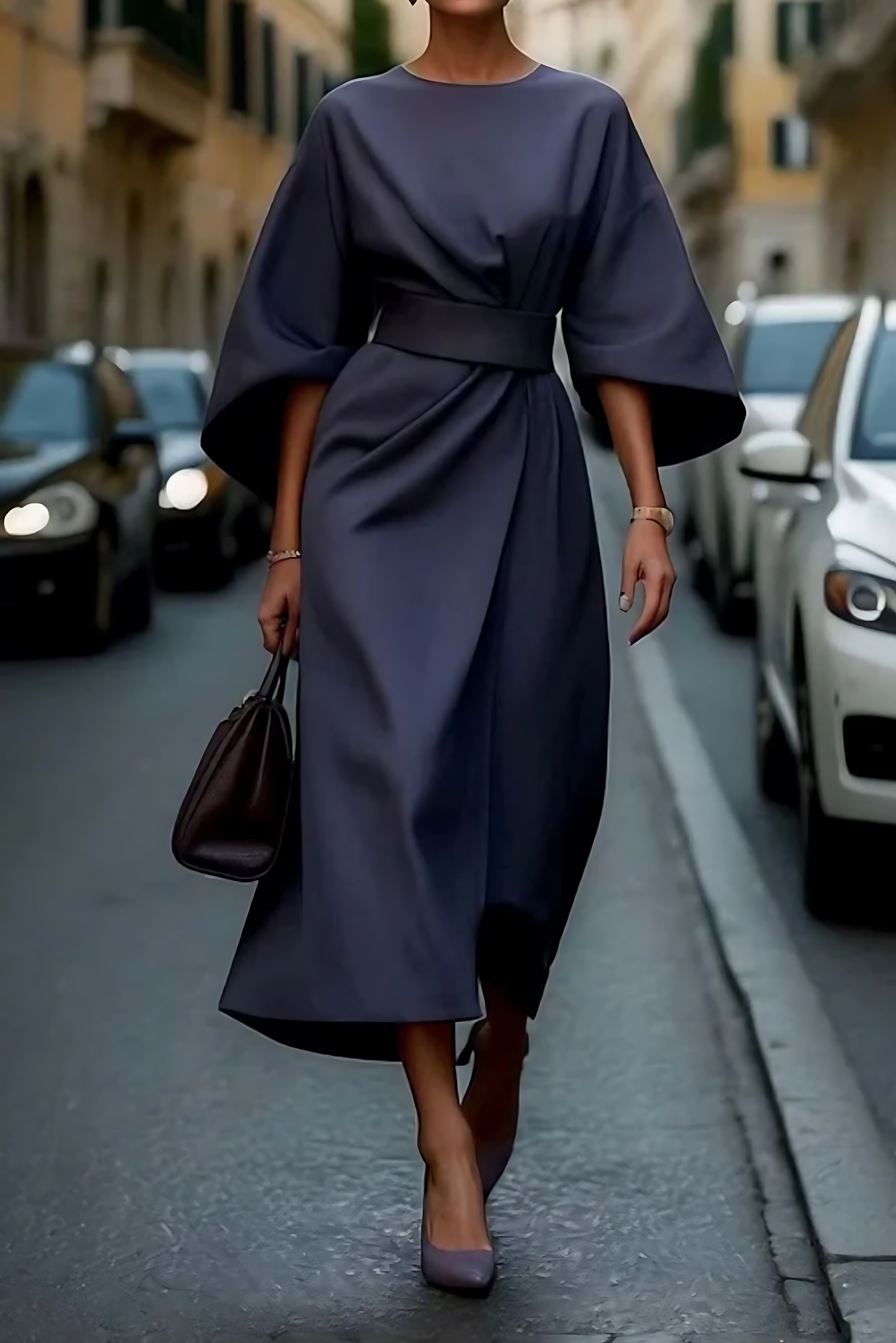 Ellie – Lantern Sleeve Crew Neck Midi Dress