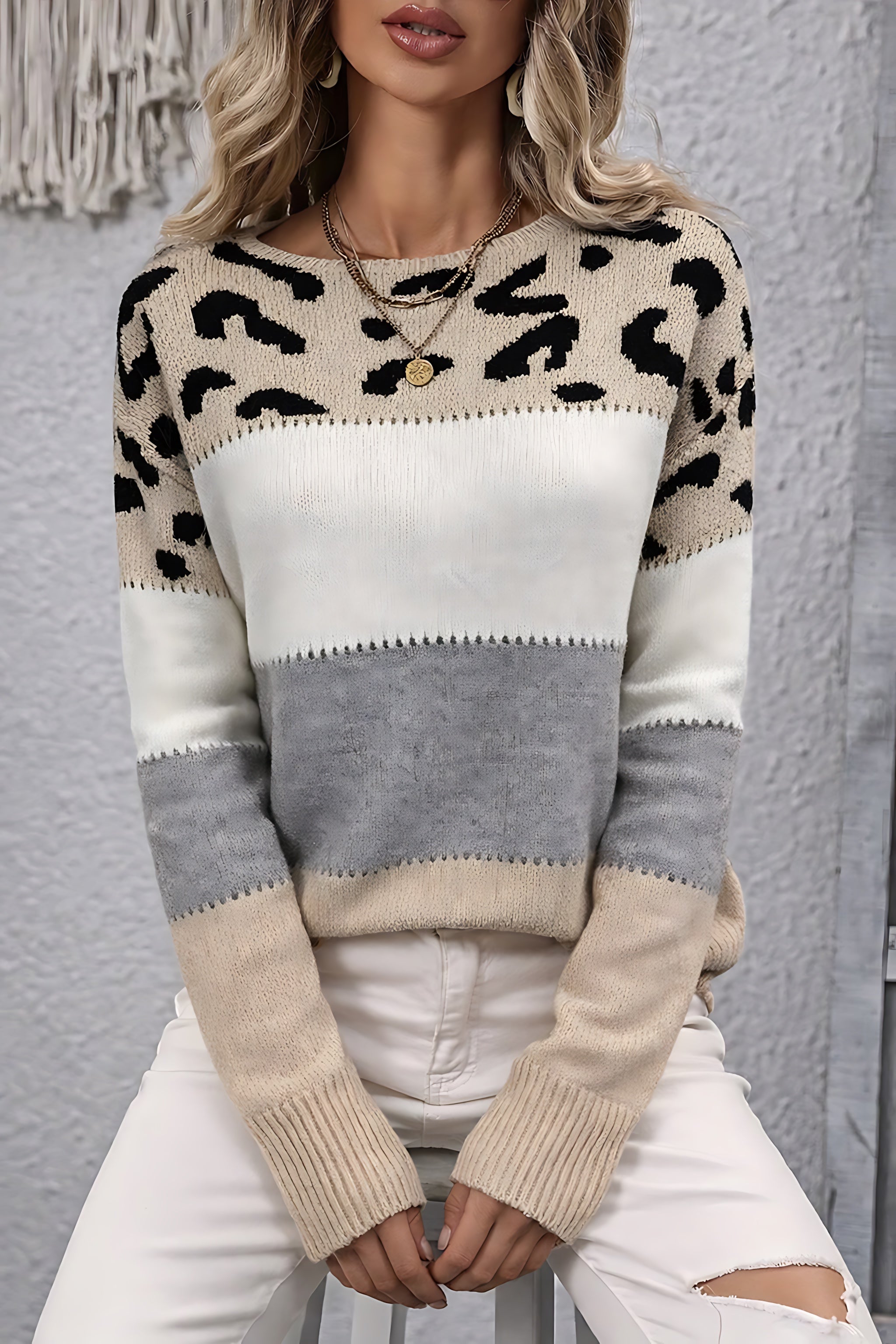 Ellie – Leopard Print Color Block Knit Sweater