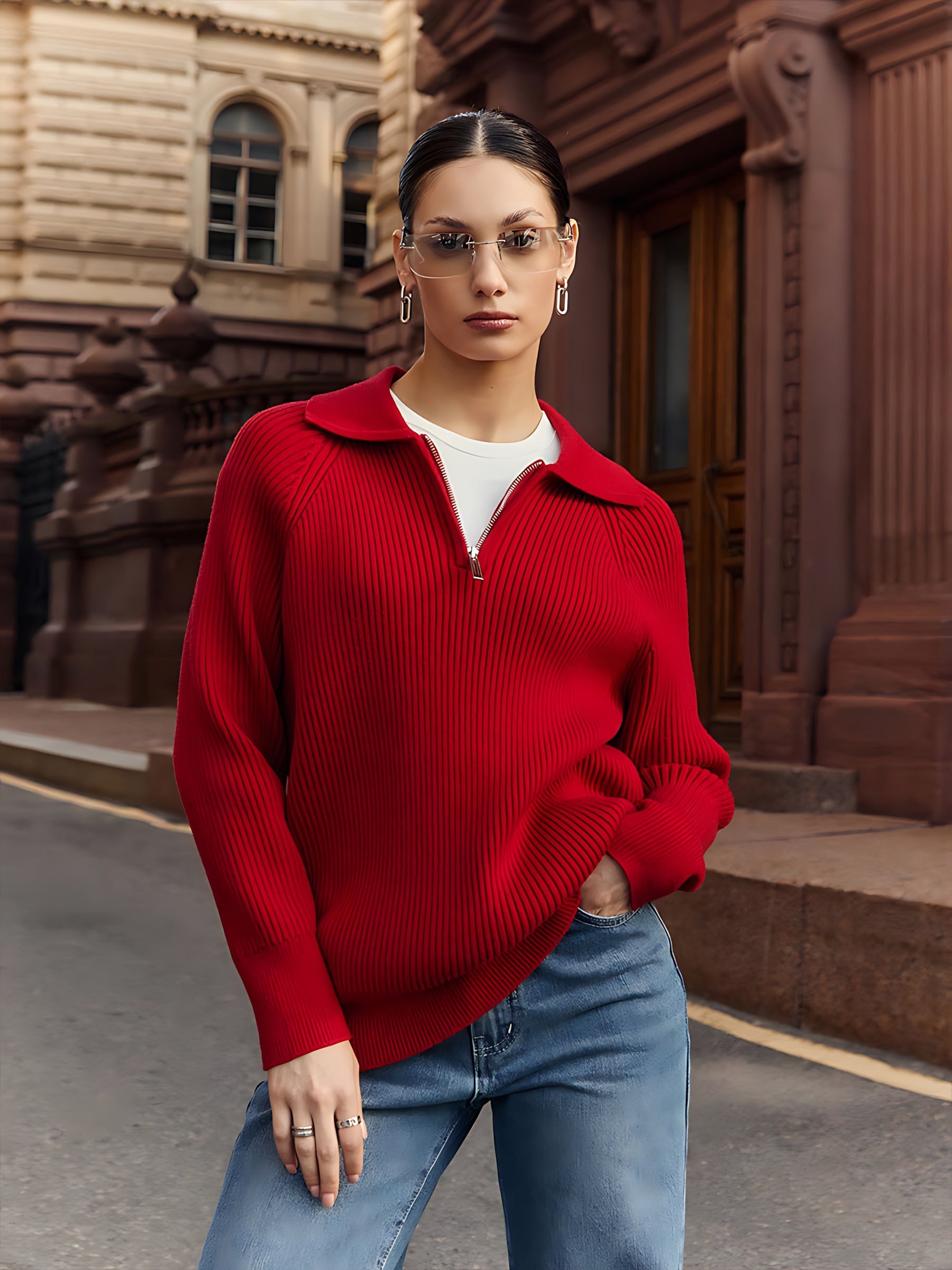 Eloise – Ribbed Half Zip Collared Sweater