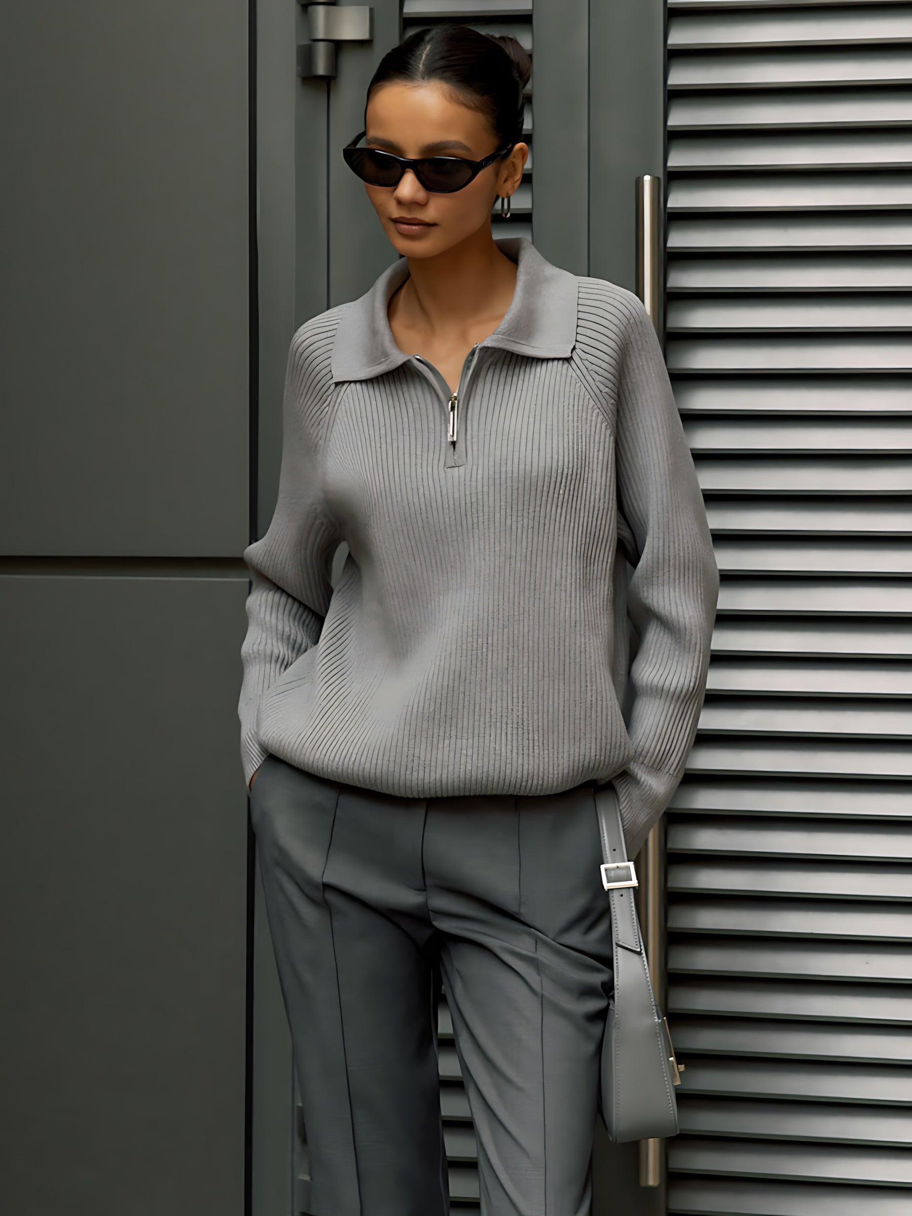 Eloise – Ribbed Half Zip Collared Sweater