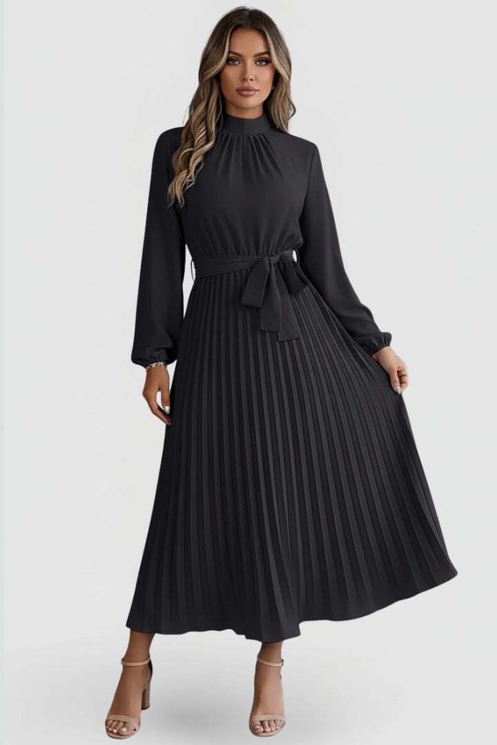 Diana – Mock Neck Long Sleeve Pleated Midi Dress