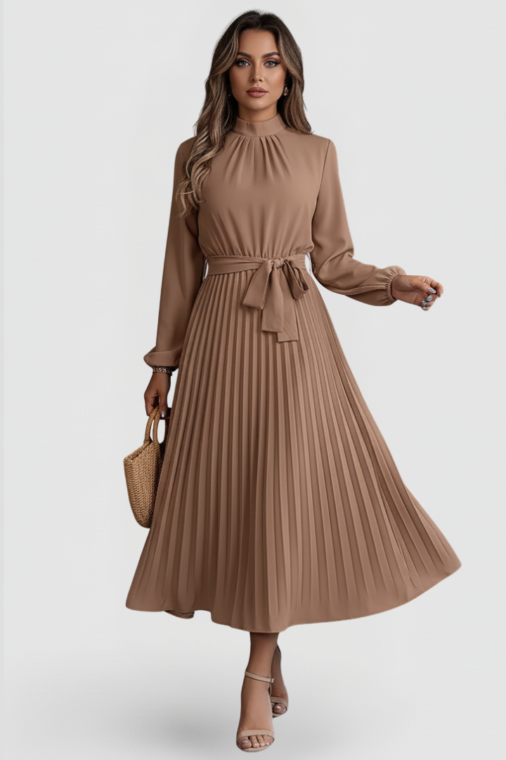 Diana – Mock Neck Long Sleeve Pleated Midi Dress